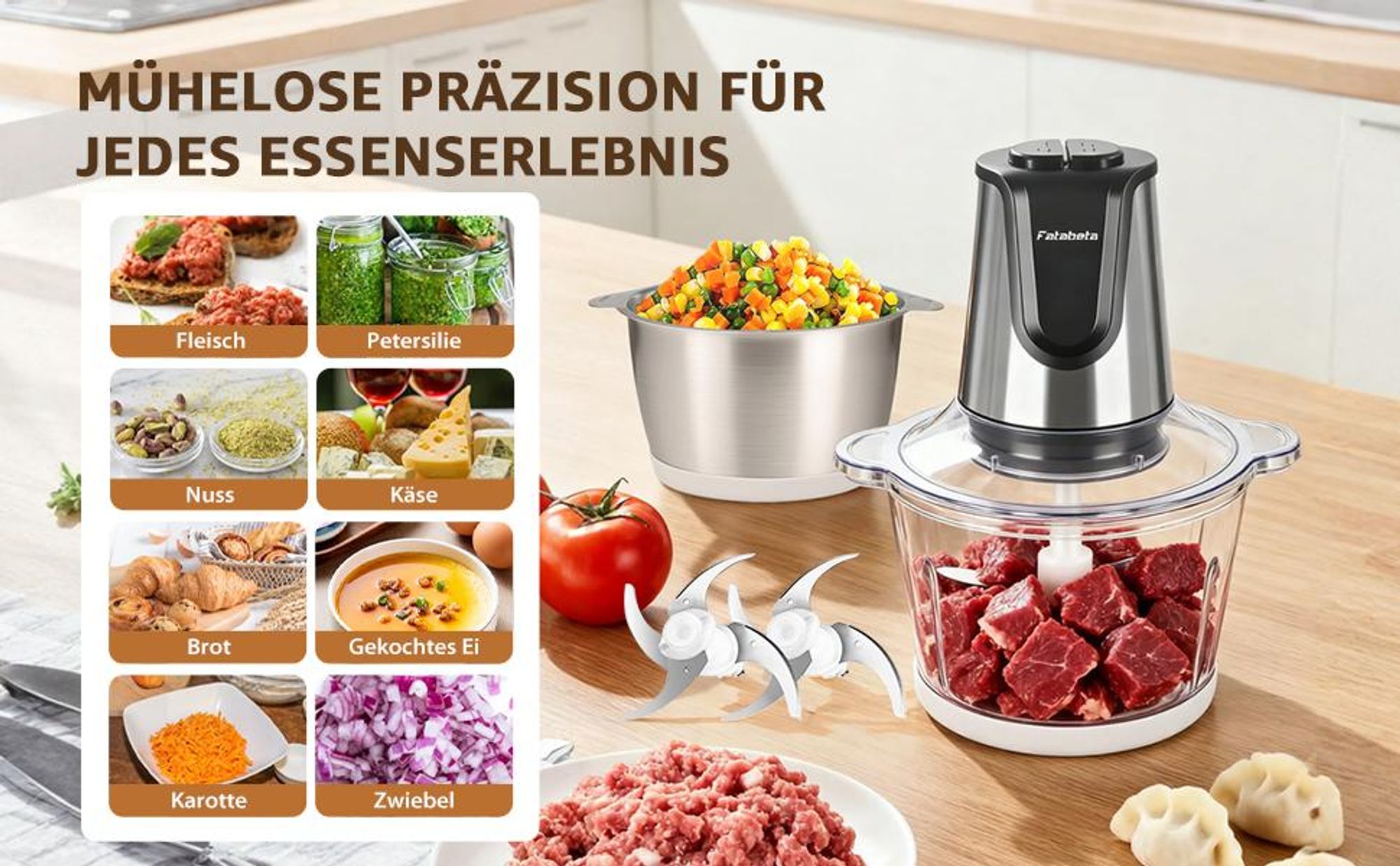 FATABETA Gemüseschneider mit 500 W, zwei 2 L Schüsseln (Glas & Edelstahl), 2 Edelstahl-Messersets, kompakt, rutschfest und vielseitig einsetzbar,  Schwarz