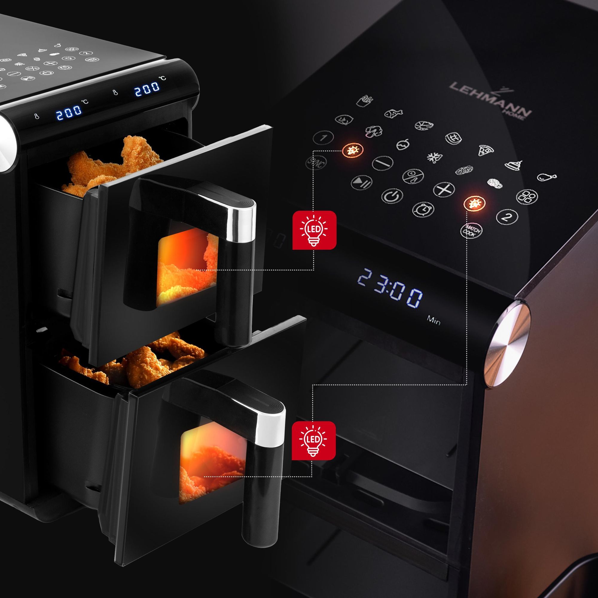 Frytkownica beztłuszczowa LEHMANN VITALIA podwójna frytownica 11l. Air Fryer 2800W, pionowa, 2x szuflady, 50–200°C