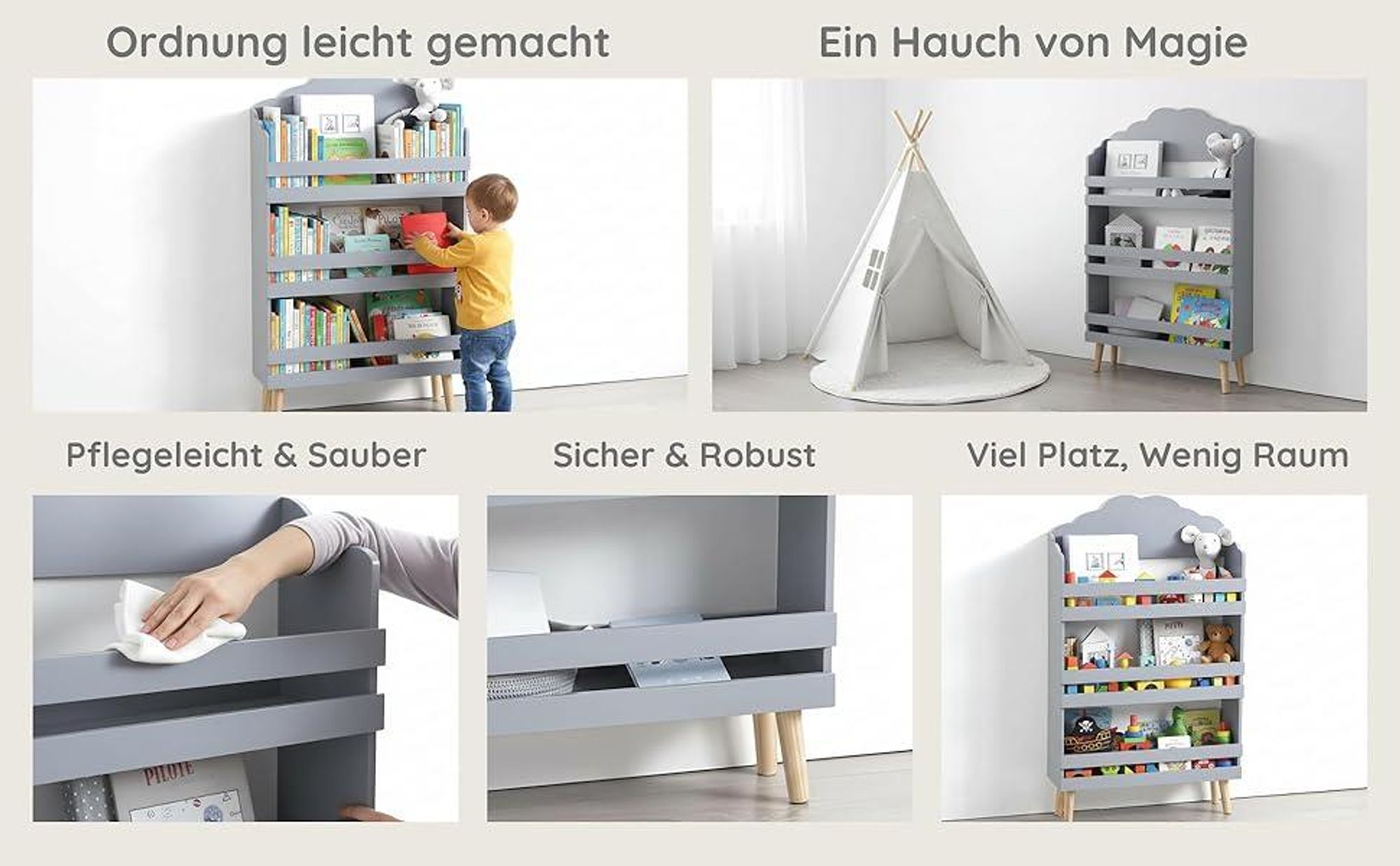 Kinderbücherregal, 3-stöckiges Kinderregal, aus MDF-Holz, 58x18x100cm - Grau