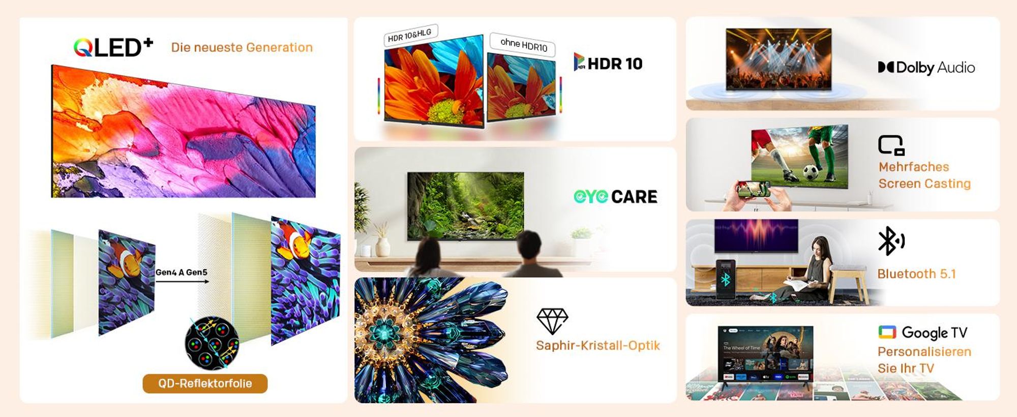 coocaa 40 Zoll (100cm) QLED FHD Smart TV – Google TV, HDR10, Dolby Audio, Bluetooth 5.1, EyeCare & Google Cast, Ideal für WM 2026 & Schlafzimmer