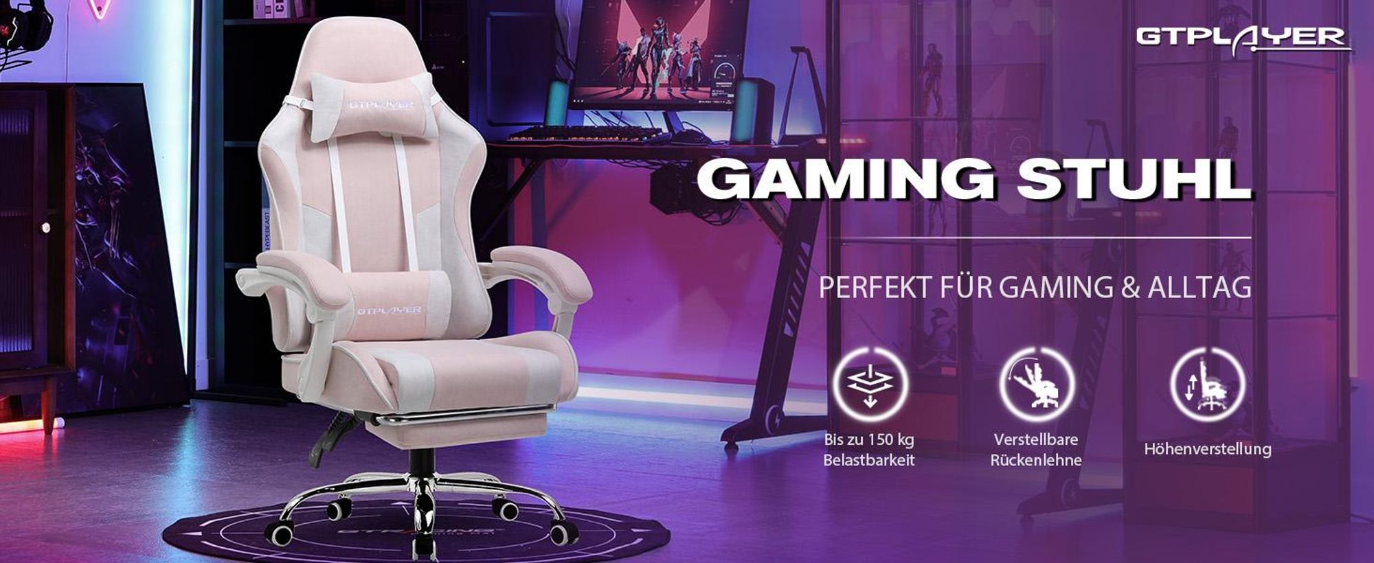 Gaming stoel GTPLAYER, kantoorkruk, ergonomische computerstoel, gaming stoel met lendensteunmassage, voetsteun en hoofdsteun