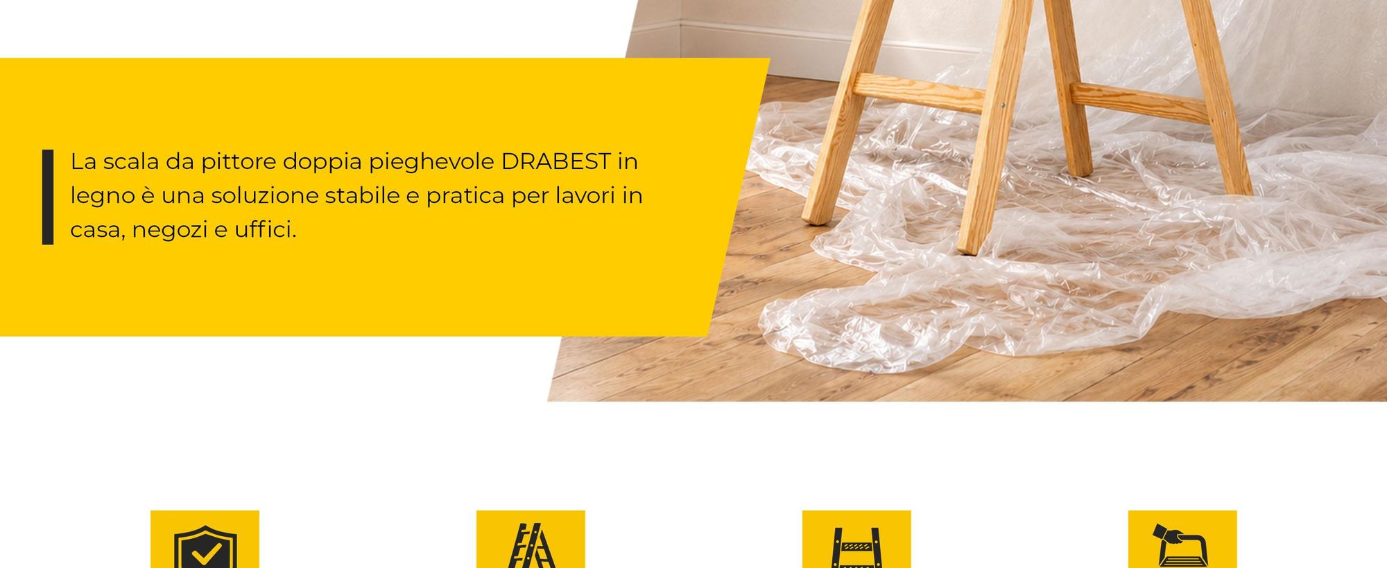 Drabest | Scala en bois 4 marches 150 kg - Stabile et pratique - Idéale pour la maison et le bureau