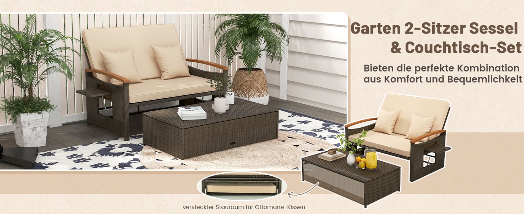 Rattan Lounge Möbel Outdoor, Gartenlounge 2 Sitzer mit Liegefunktion, Gartensofa-Set mit Hocker, Doppelliege mit Stauraum