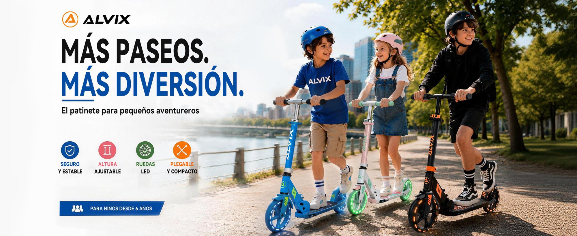 Patinete infantil ALVIX con freno de mano y ruedas LED, ajustable en altura, plegable, apto para niños a partir de 6 años, con ruedas de 200 mm, plataforma ancha, correa para transporte, capacidad máxima de 100 kg - Azul