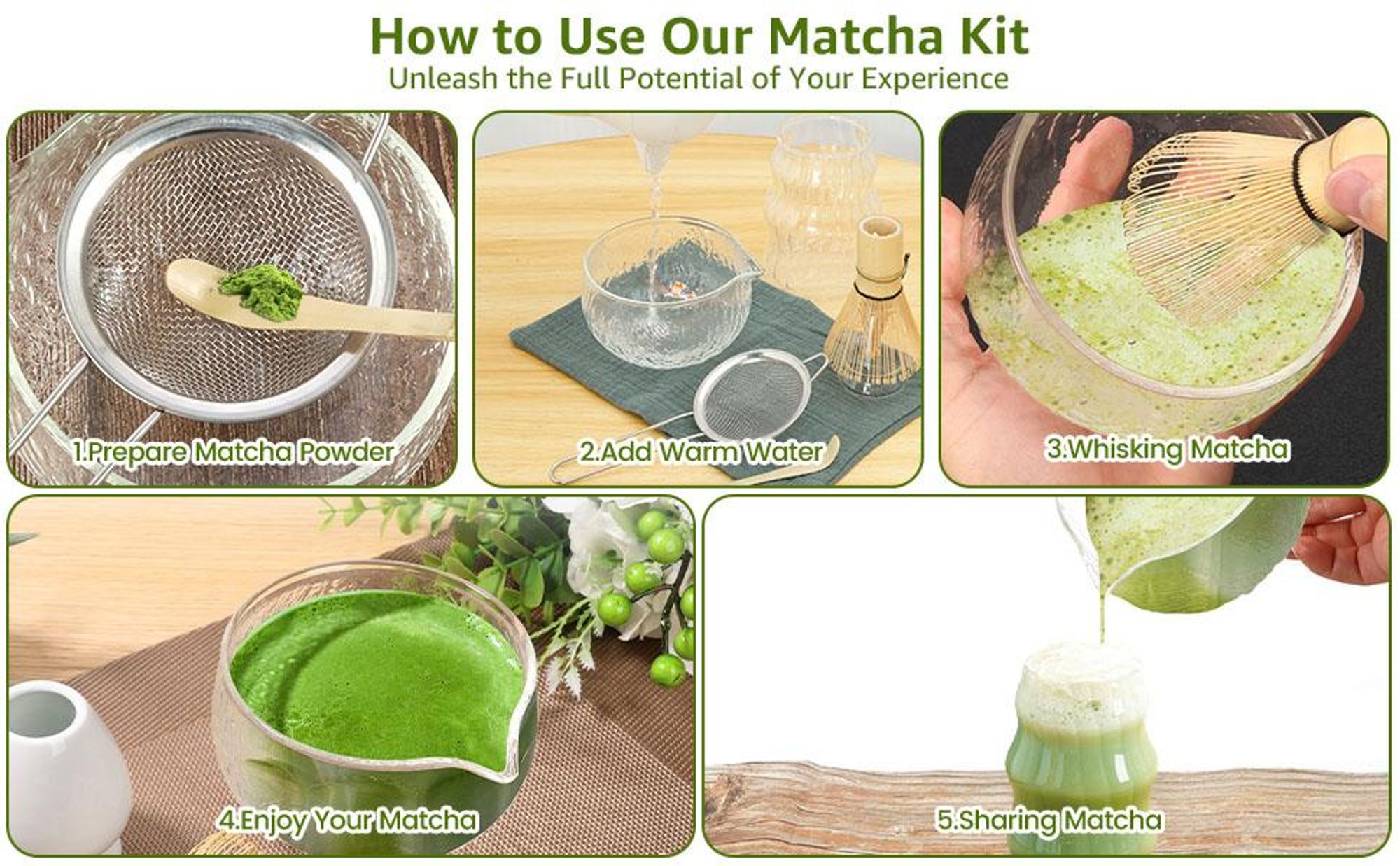 Matcha Teezeremonie Set, Matcha Komplett-Set, Japanisches Matcha-Set, Matcha-Set, Matcha Schneebesen, Glas Schale, Teelöffel, Tasse, Sieb, Teetuch