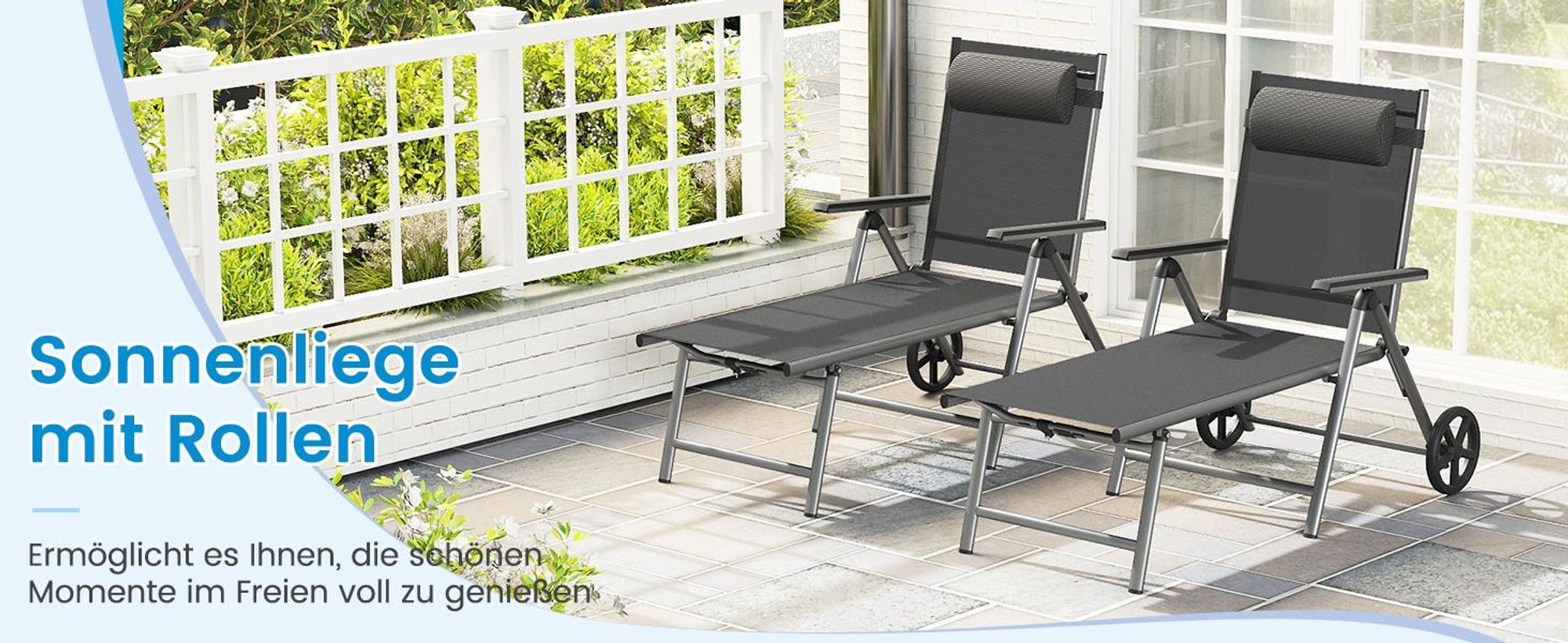 COSTWAY Liegestuhl aus Aluminium mit Rollen, klappbarer Sonnenliege mit 7-Fach Verstellbarer Rückenlehne und Abnehmbarer Kopfkissen, Klappliege Gartenliege mit schnell trocknendem Stoff