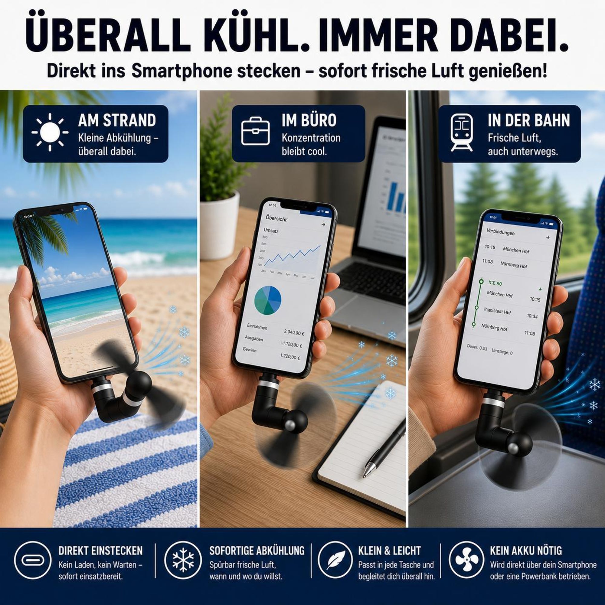 USB C Handy Ventilator für Apple IPhone 15 16 17 Pro Plus Pro Max E Air USB-C Mini Fan Reise Lüfter Kühler Schwarz