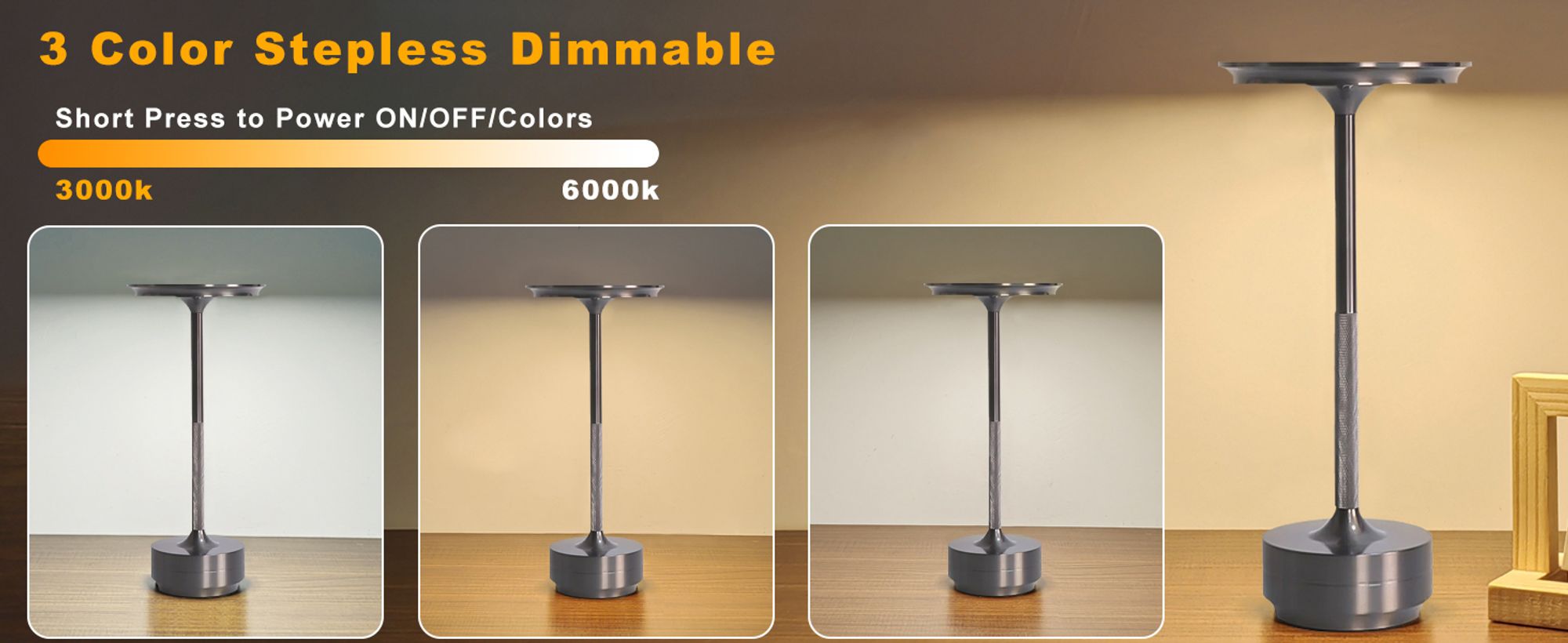 Kabellose Dimmbare LED Akku Tischleuchte Touch Tischlampe Lampe Wohnzimmer Nachttischlampen Dreifarbiges Licht silbergrau