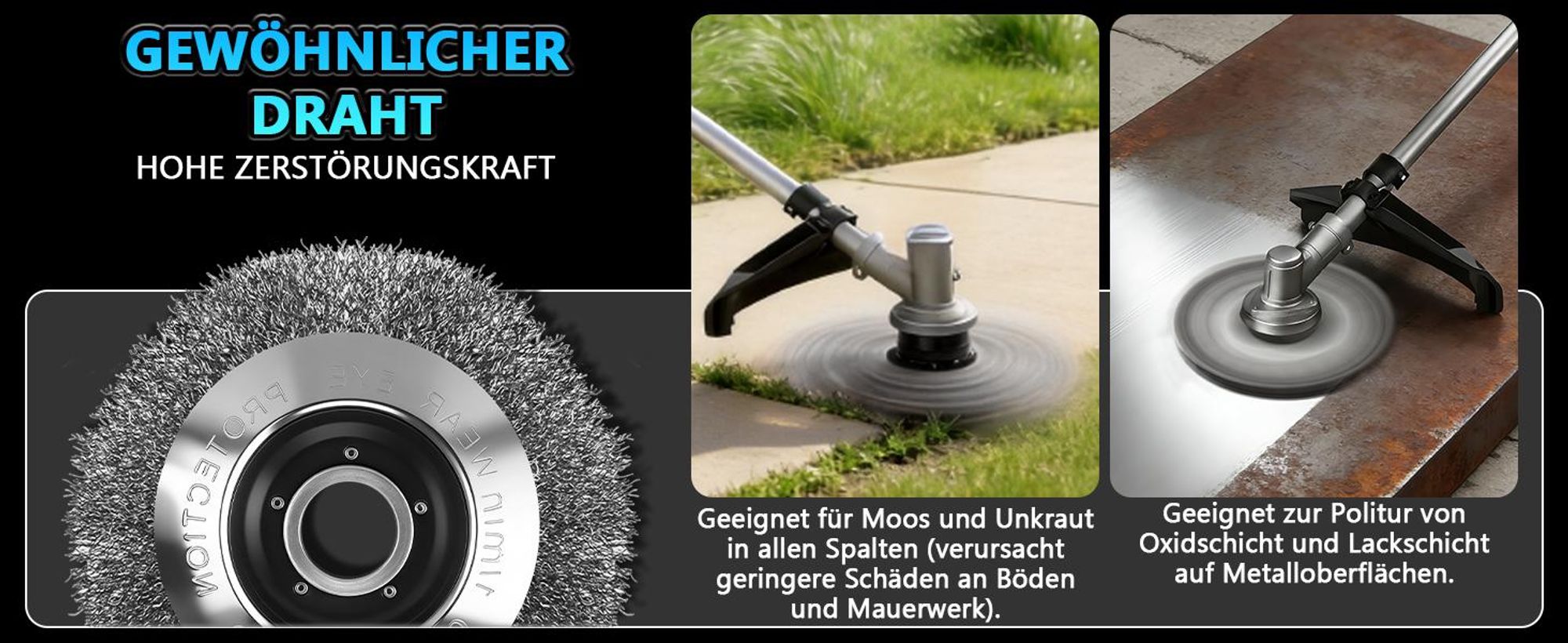 Rasentrimmer Zubehör -⌀150mm Unkrautbürste, ⌀230mm Kreissägeblatt, Bohrung 25,4mm Drahtbürste Stahlbürste Wildkrautbürste für Freischneider Motorsense