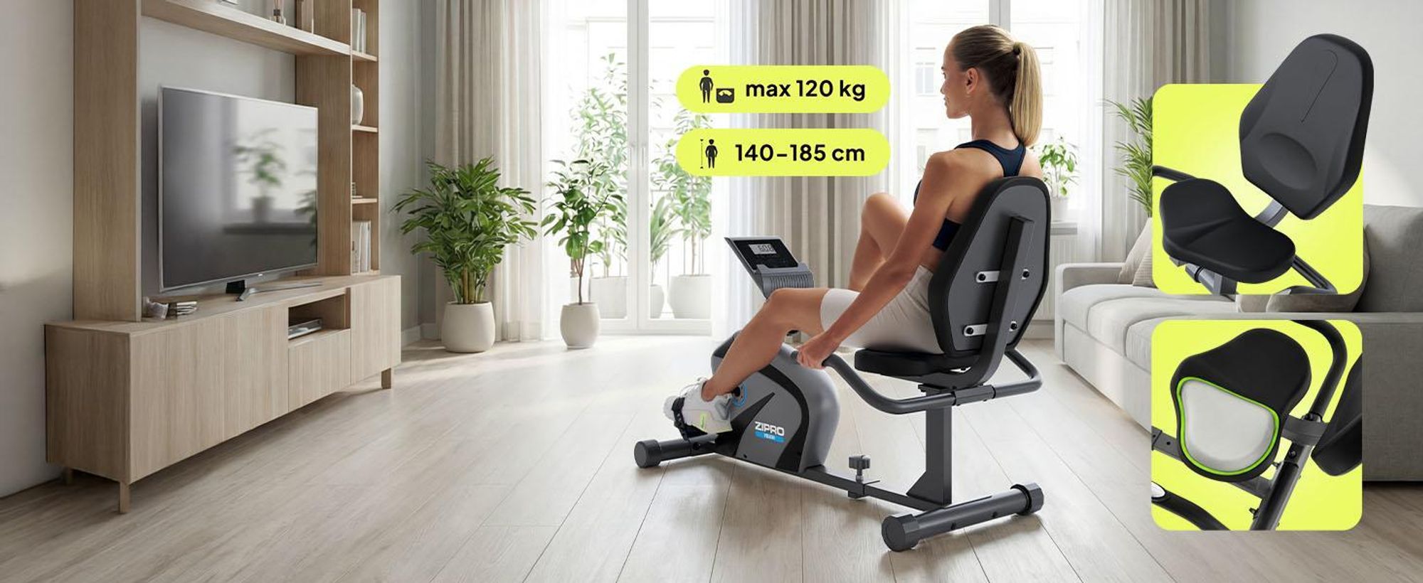 Zipro Cyclette Magnetica Orizzontale per Adulti Vision fino a 120kg, Nero, Taglia unica, Taglia unica