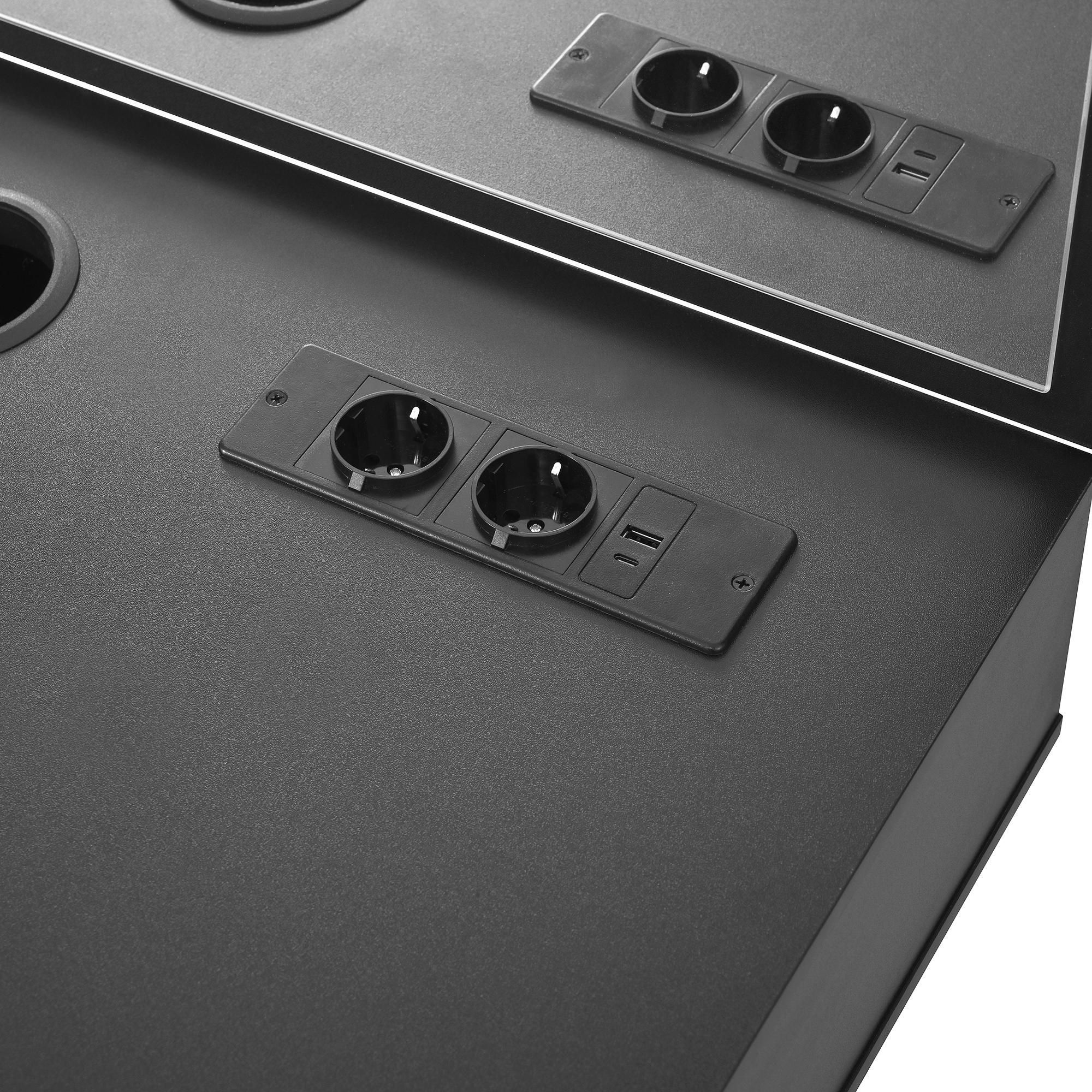 Merax Schminktisch, Hängend Schreibtisch, mit Spiegel, 3 Schubladen, Steckdosen, Tablet-Kartensteckplatz, Getränkehalter, Kosmetiktisch, Schwarz