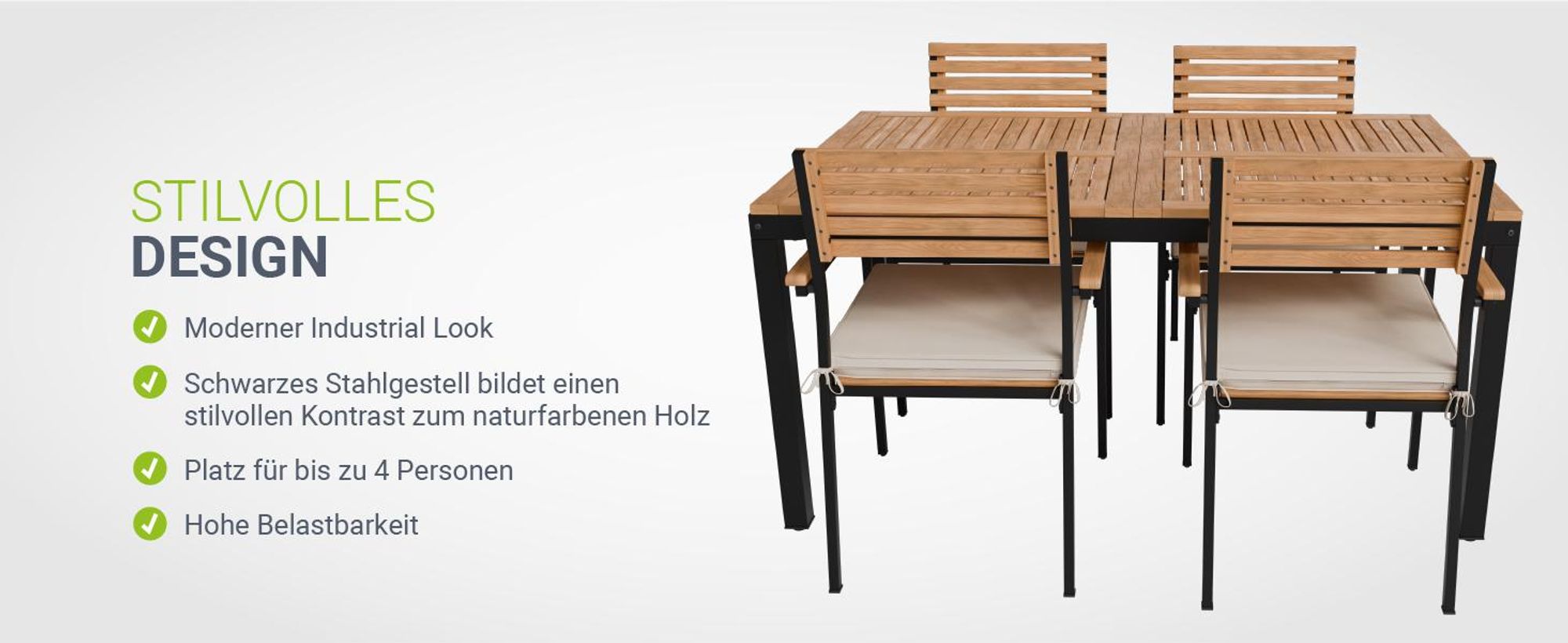 Juskys Akazienholz Gartengarnitur Rhodos - Tisch, 4 Stühle & Auflagen - Gartenmöbel Holz