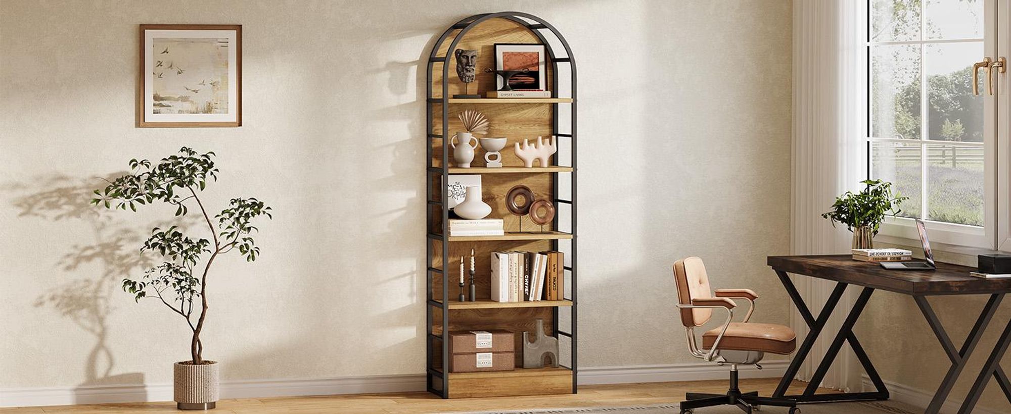 Tribesigns 5-stöckiges, gewölbtes Bücherregal, 180 cm hoch, offenes Industrie-Regal für Wohnzimmer, freistehendes Ausstellungsregal Metallrahmen, Büro
