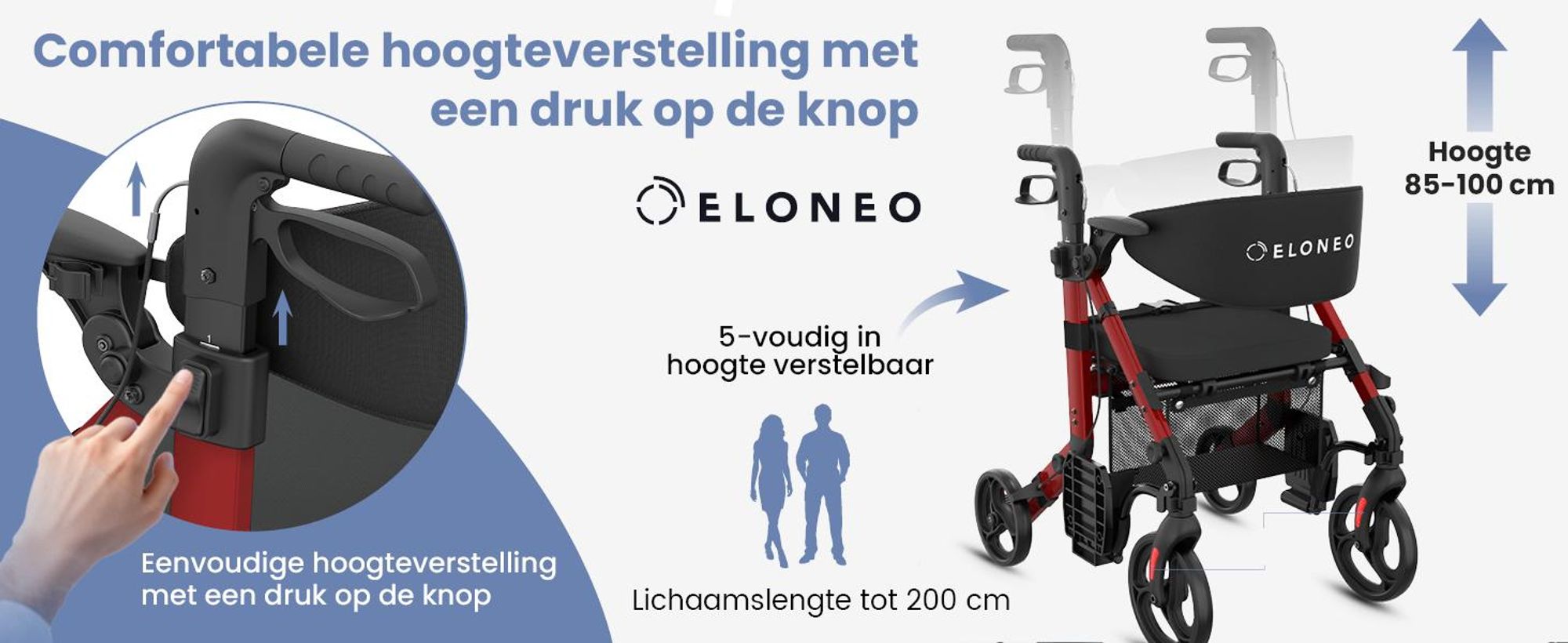 ELONEO 2-in-1 rolstoel/rolator, opvouwbaar en lichtgewicht met zitplaats, outdoor rolstoel/rolator, opvouwbaar, aluminium loophulpmiddel voor senioren - Rood