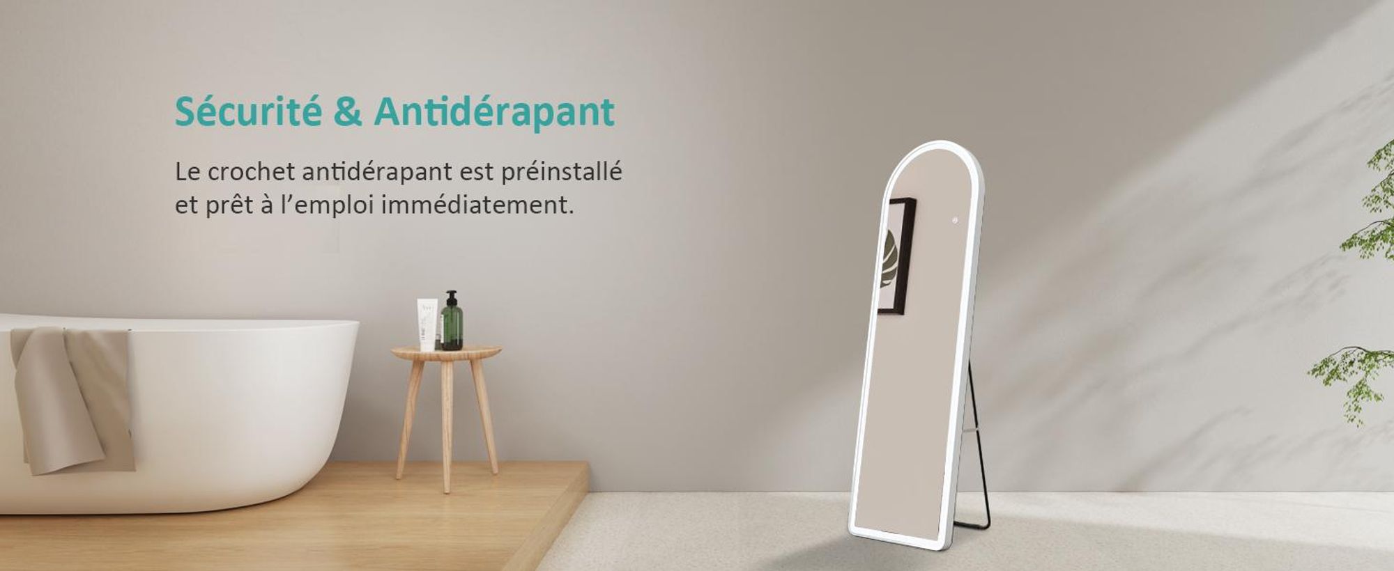 EMKE Miroir intégral 3 couleurs de lumière et luminosité réglable Miroir sur pied, interrupteur tactile, fonction mémoire Miroir d'habillage bombé avec cadre blanc, 147×45cm