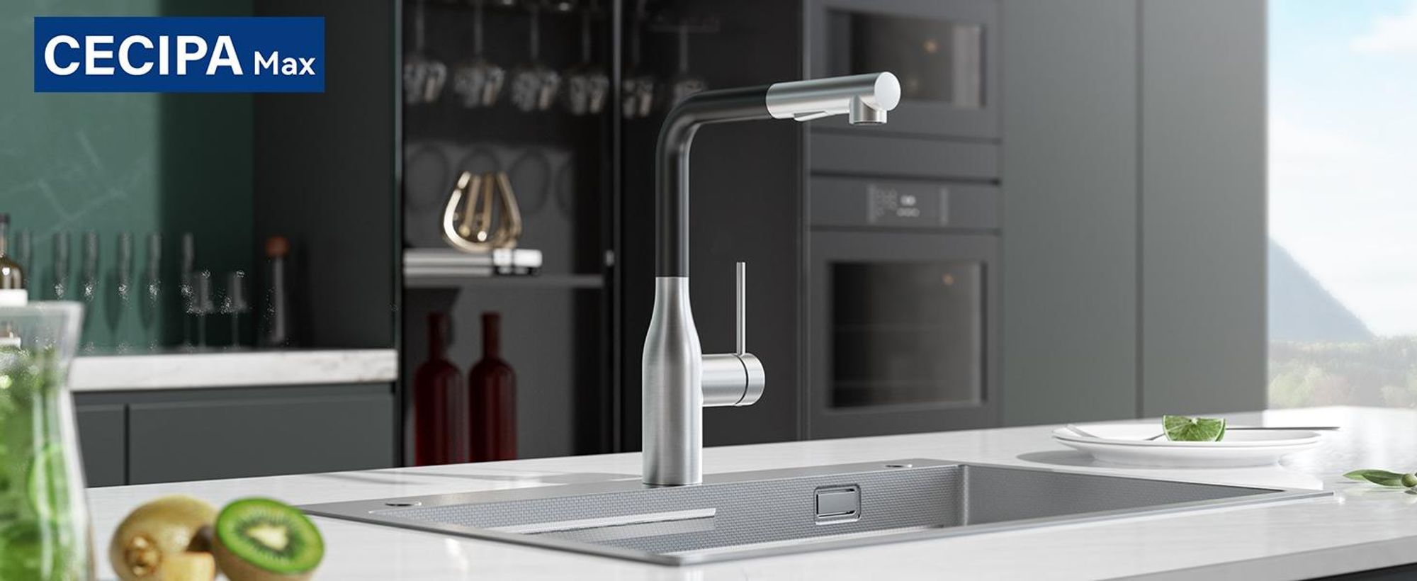 CECIPA MAX Wasserhahn Küche Ausziehbar, Hochdruck Küchenarmatur Schwarz und Edelstahl, 360° Schwenk Armatur Küche, Robust & Leckagefrei