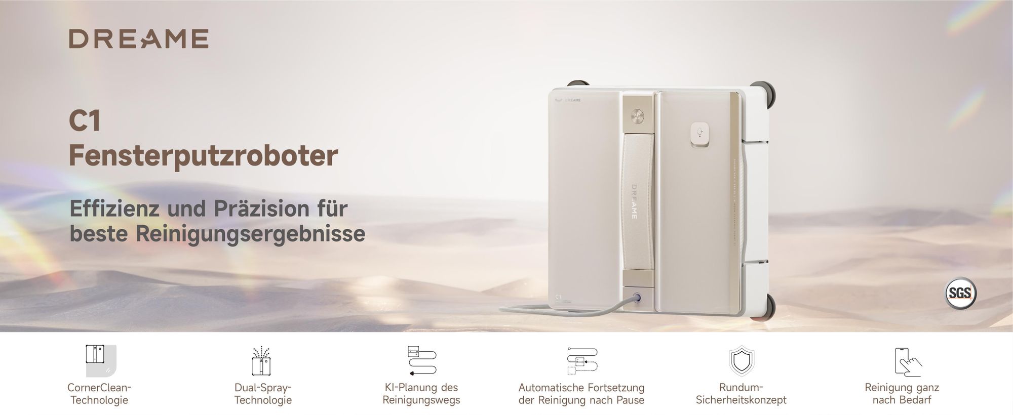 Dreame C1 Fensterputzroboter,5500Pa Saugkraft,Stabil und sicher,Nass- und Trockenreinigung,Dual-Spray,CornerClean,Intelligente Navigation,3h Laufzeit