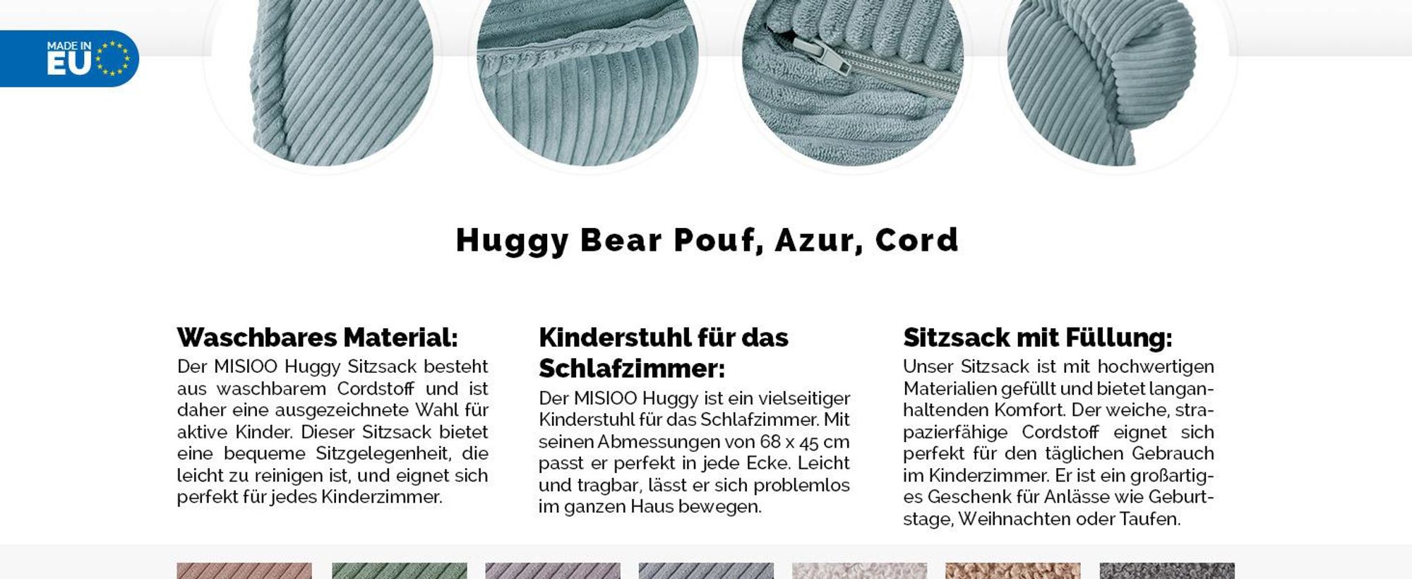 MISIOO Sitzsack Pouf fr Kinder - Huggy Bear - Kindersessel - Samt Pouf aus Cord - Ideal fr das Kinderzimmer - Leicht zu Waschen - Blau