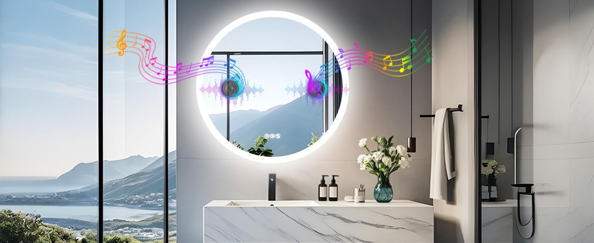 WISFOR LED Badspiegel mit Bluetooth Lautsprecher, 80×80cm Badezimmerspiegel mit Beleuchtung 3 Lichtfarbe, LED Wandspiegel dimmbar beschlagfrei, Touchs