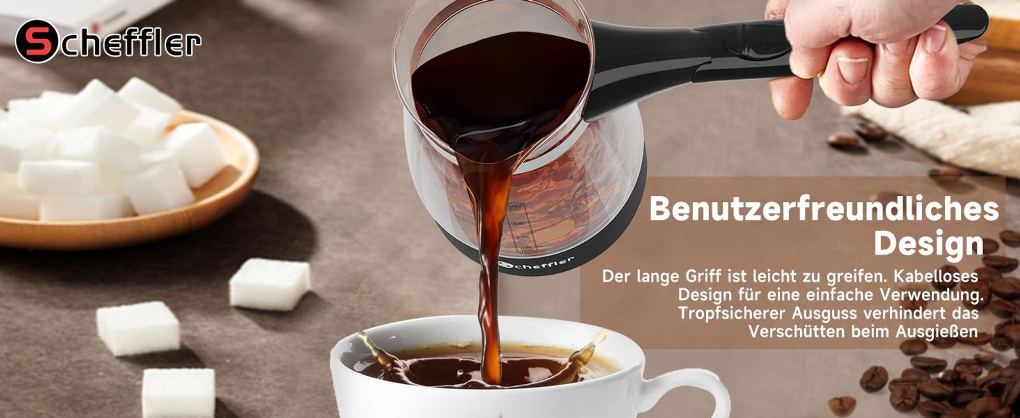 SCHEFFLER Türkische Kaffeemaschine Elektrischer 500ml Glas Kaffeekocher Mokka Kaffeekanne Espressokocher Mit Überhitzungsschutz 304 Edelstahl