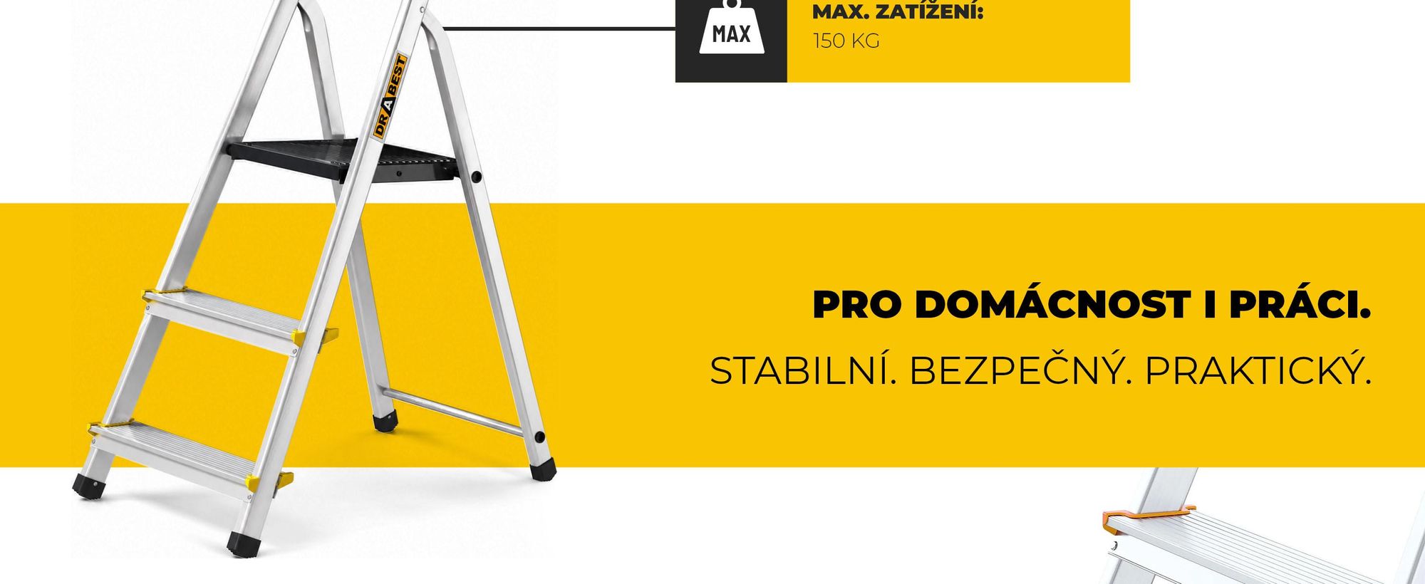 Drabest | Žebřík – víceúčelový žebřík PRO – 3stupňový – hliníkový – stabilní a bezpečný – s háčky – nosnost 150 kg
