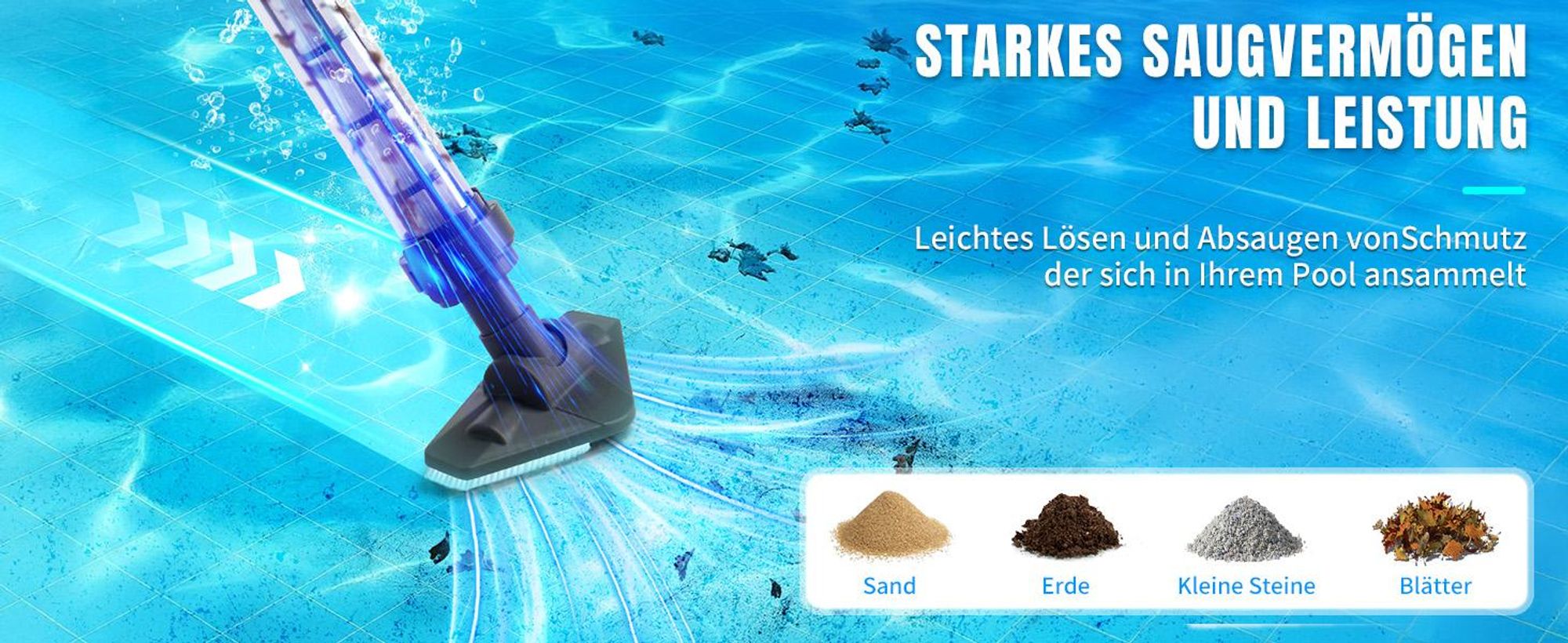 FCH Poolsauger, Kabelloser Poolsauger mit Teleskopstange, 60 Minuten Laufzeit, für kleine Pools, Spas 18W Blau