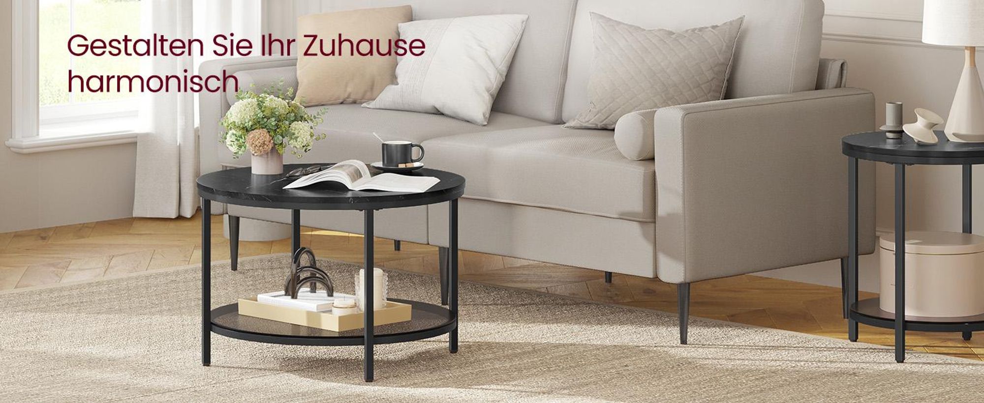 VASAGLE Couchtisch, Wohnzimmertisch, moderner Stil, 65 x 46 cm (Ø x H), Marmorschwarz-Tintenschwarz