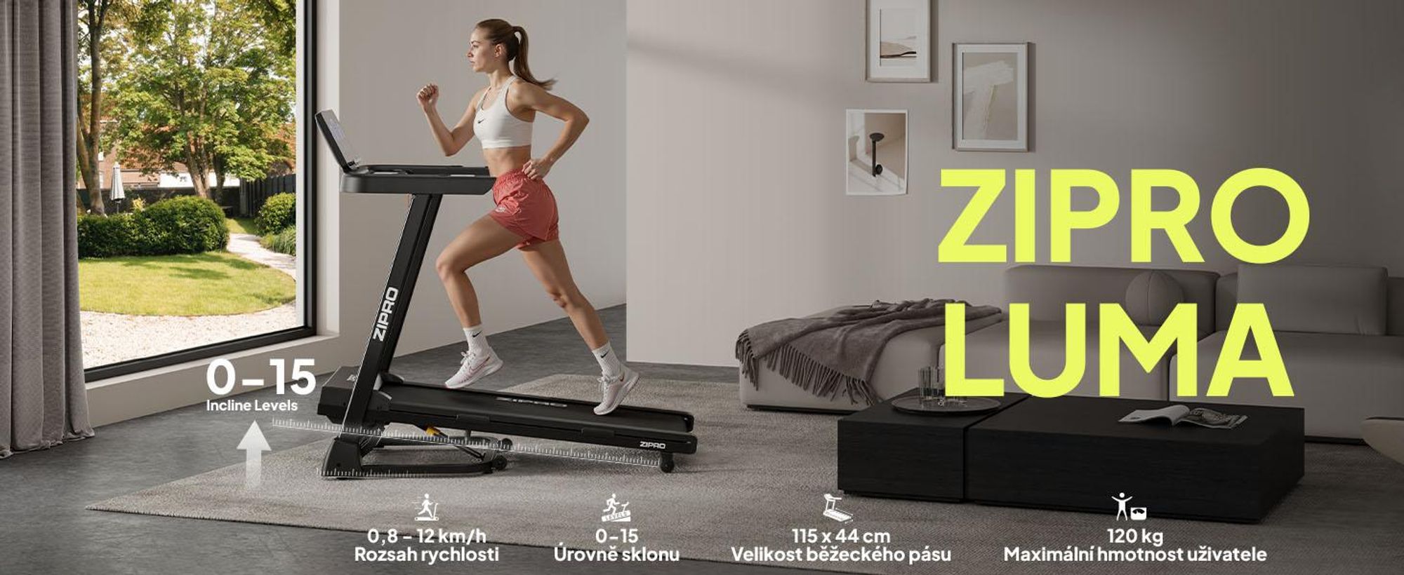ZIPRO Luma Sklopný běžecký pás se sklonem – elektrický běžecký pás pro domácí použití 12 km/h Domácí trenažér Fitness zařízení Kinomap App Bluetooth
