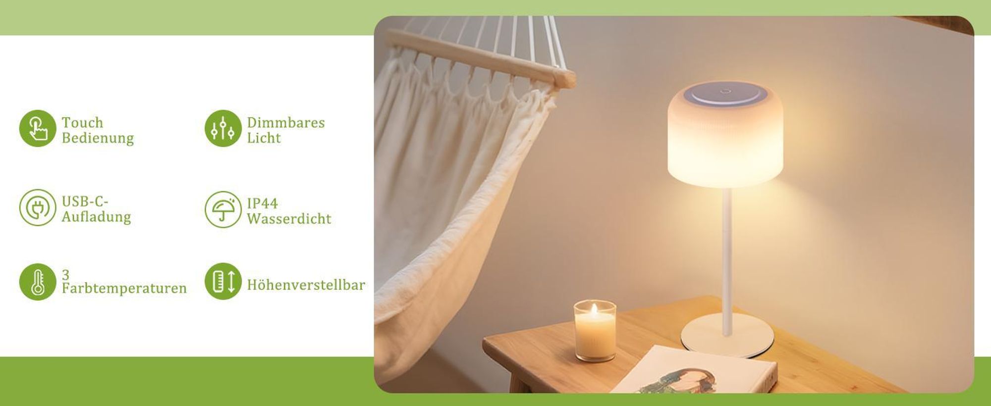 ZMH Tischlampe Kabellos LED Tischleuchte Dimmbar Akku Tischlampe mit 3 Farbtemperaturen Höhenverstellbar USB-C Aufladbar Wasserdichte Tischleuchte für Indoor Outdoor Esszimmer Schlafzimmer