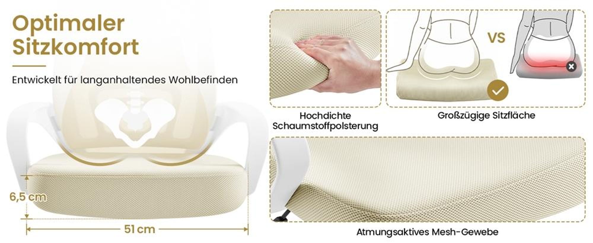 Yaheetech Bürostuhl Schreibtischstuhl ergonomischer Drehstuhl Chefsessel mit Mesh Netz Wippfunktion Beige