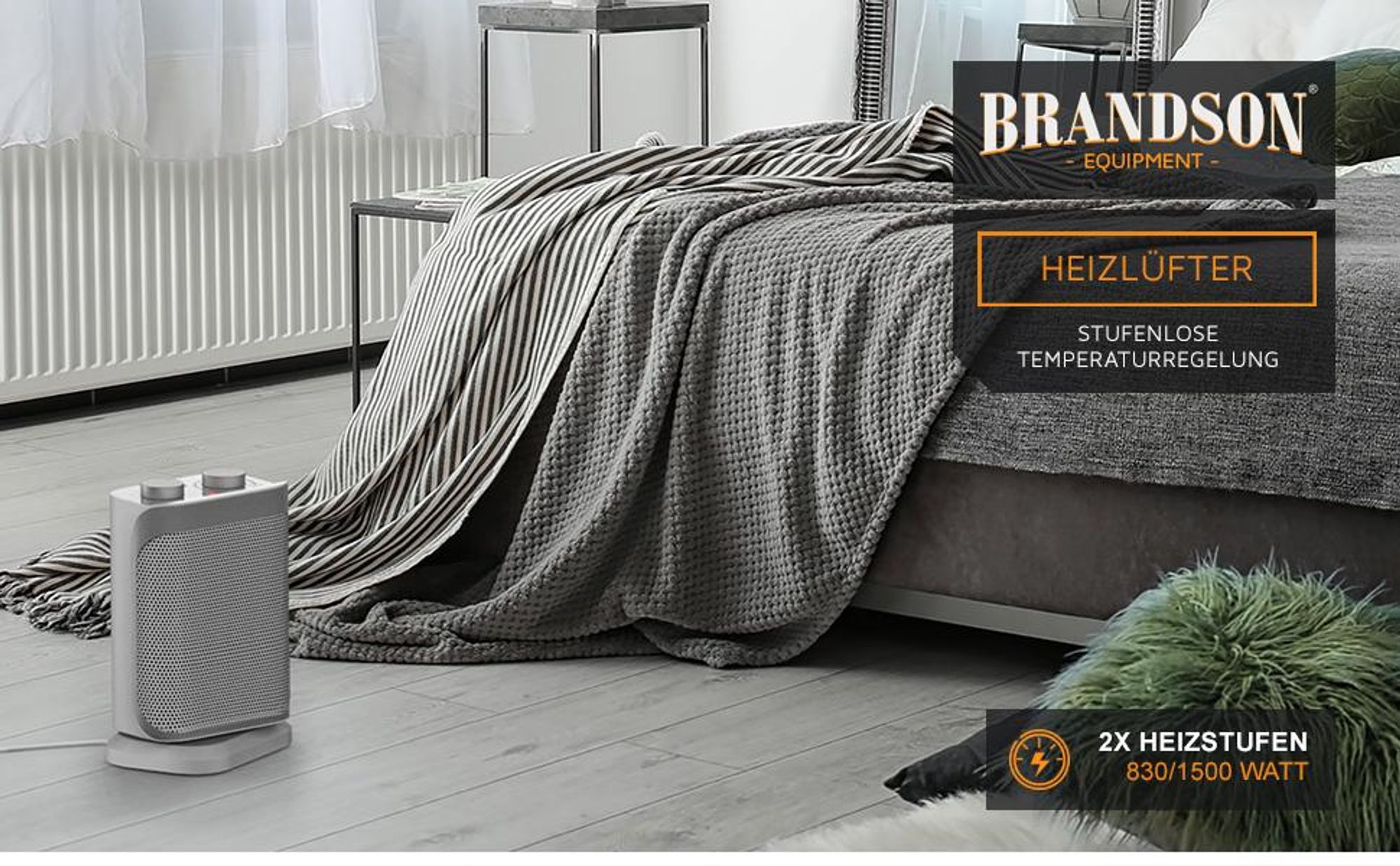 Brandson Heizlüfter 1500W, Keramik Heizlüfter mit Thermostat, 2 Leistungsstufen, Überhitzungsschutz, Automatische Abschaltung, Umkippschutz, 40° Oszillation, energiesparend, Weiß/Silber