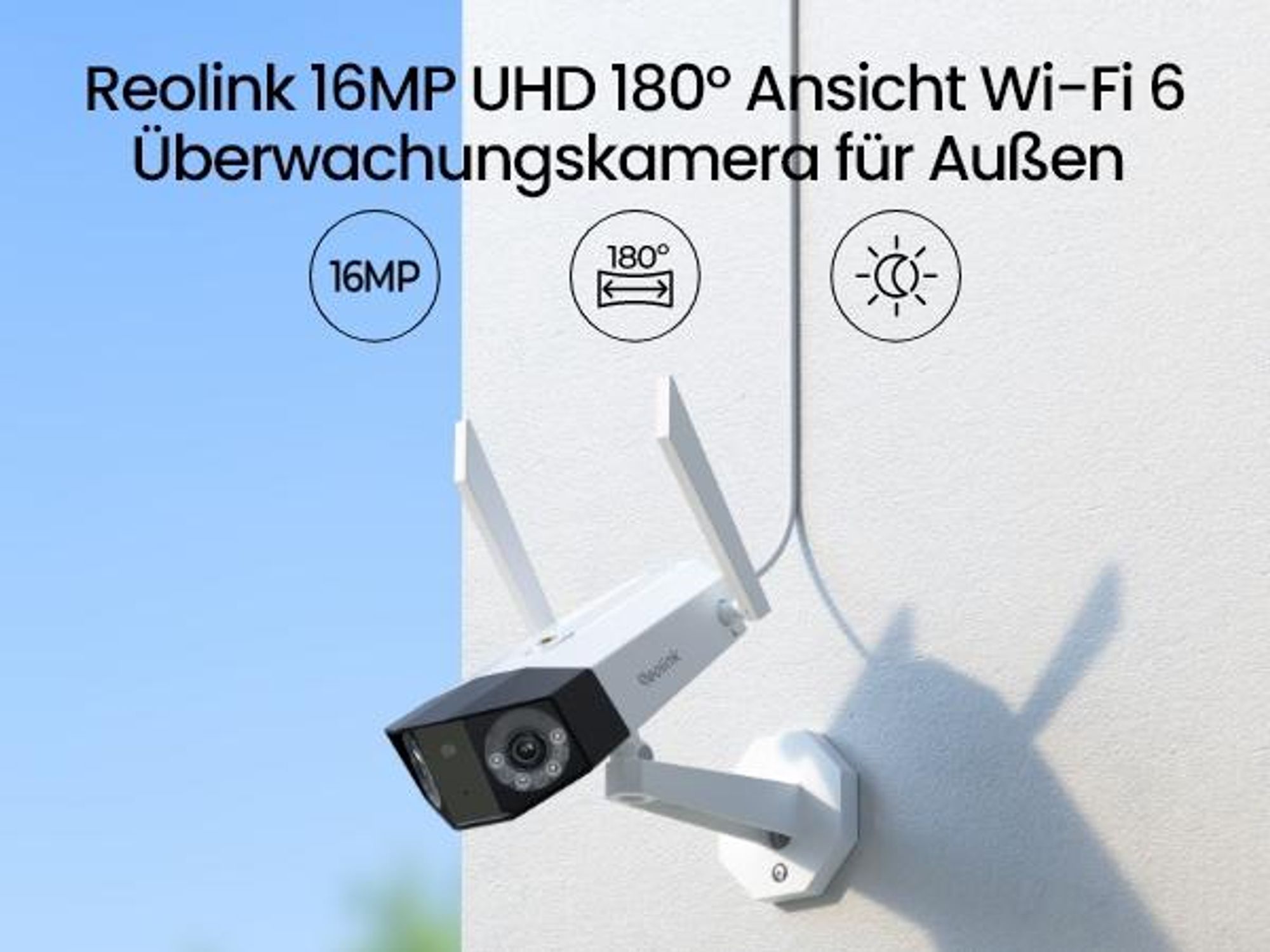 Reolink Duo 3 WiFi, 8K 16MP Plug-in Überwachungskamera für Aussen, 180° Ansicht, Dualband Wi-Fi 6, Farbnachtsicht