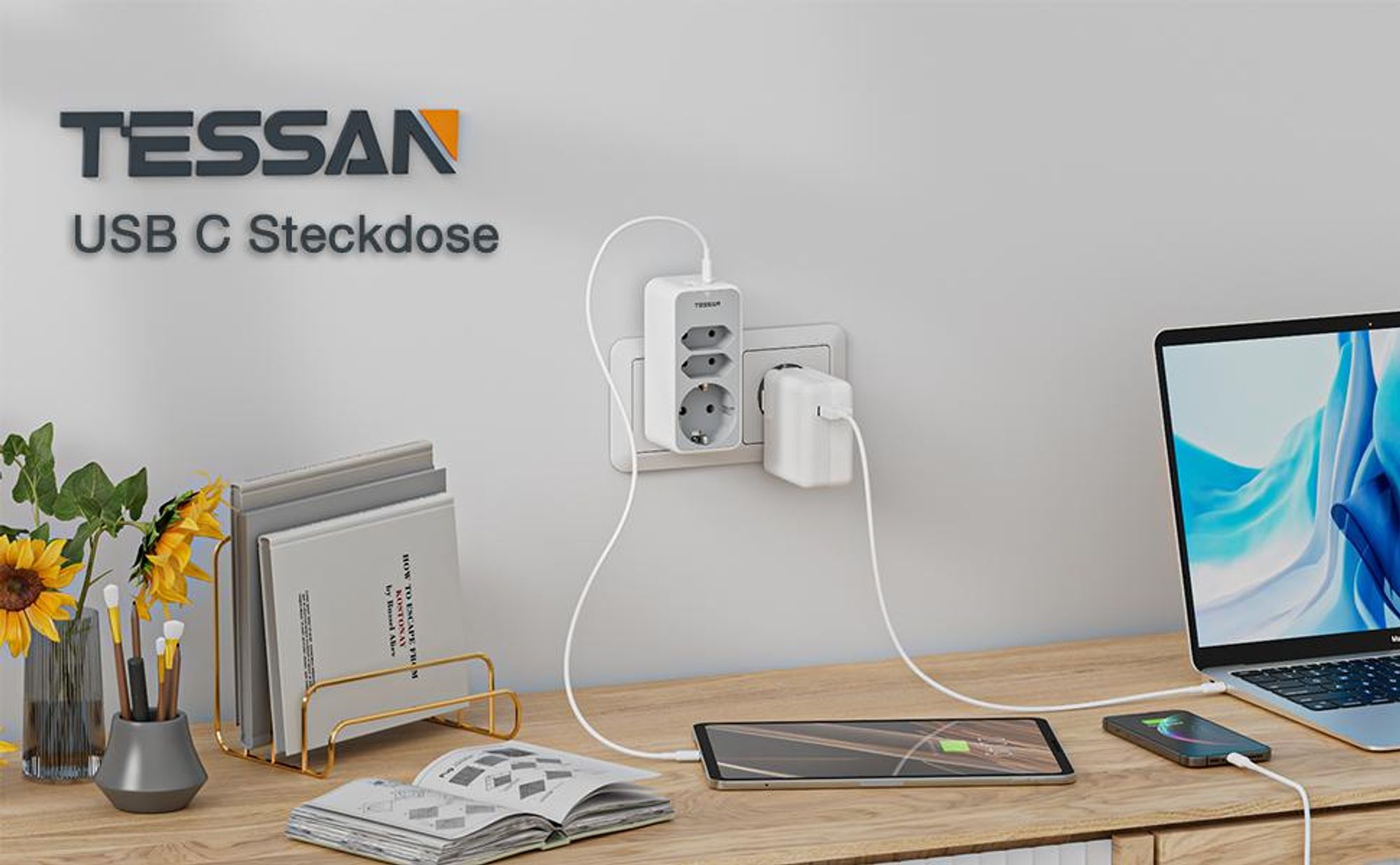 TESSAN Mehrfachstecker für Steckdose Steckdosenadapter 3 Fach mit 1 USB A und 1 USB C 3600W Grau