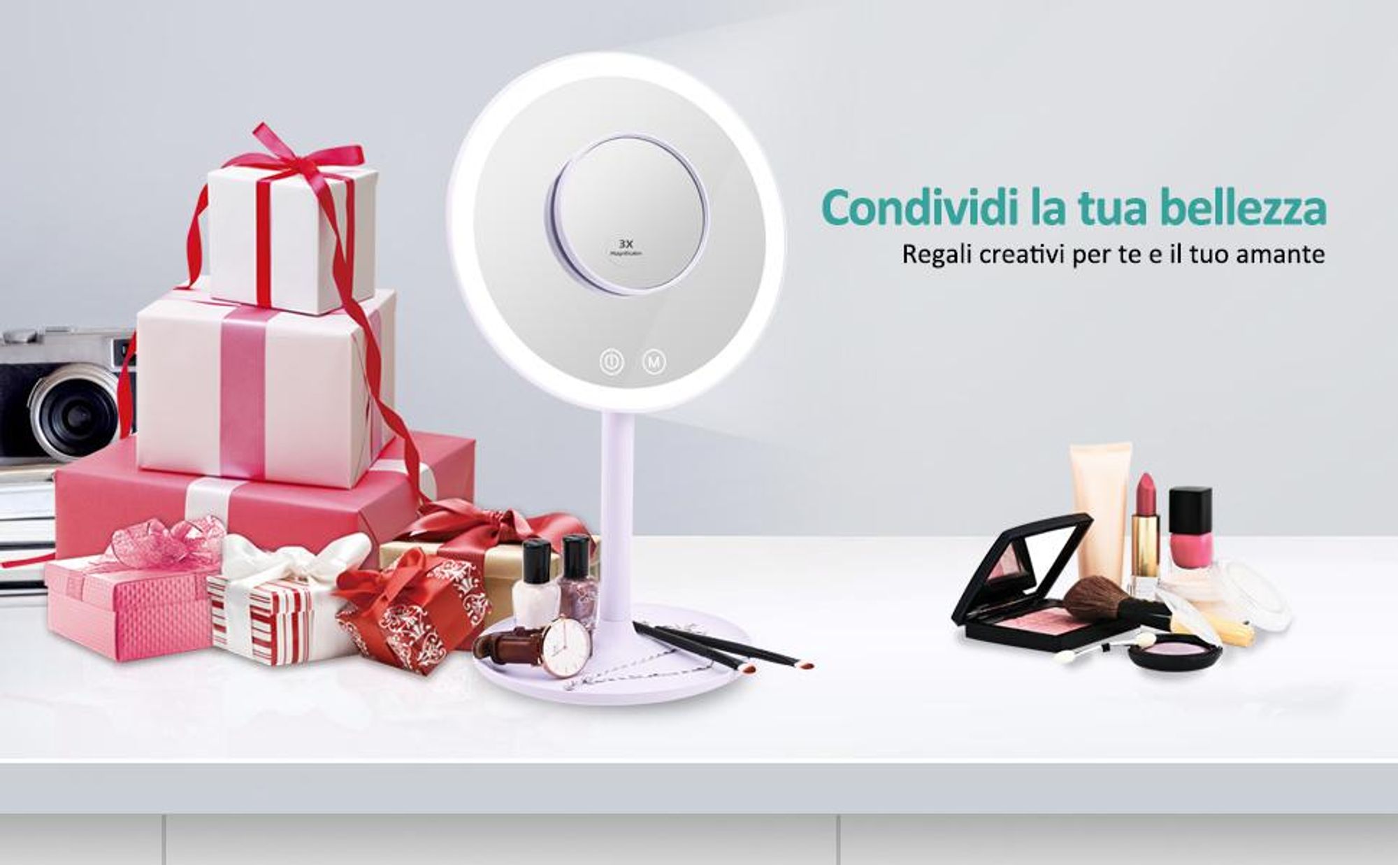 Specchio LED EMKE con 3 colori di luce, ingrandimento 1/3x, interruttore a sfioramento e funzione di memoria, lente d'ingrandimento per specchio da bagno (viola)