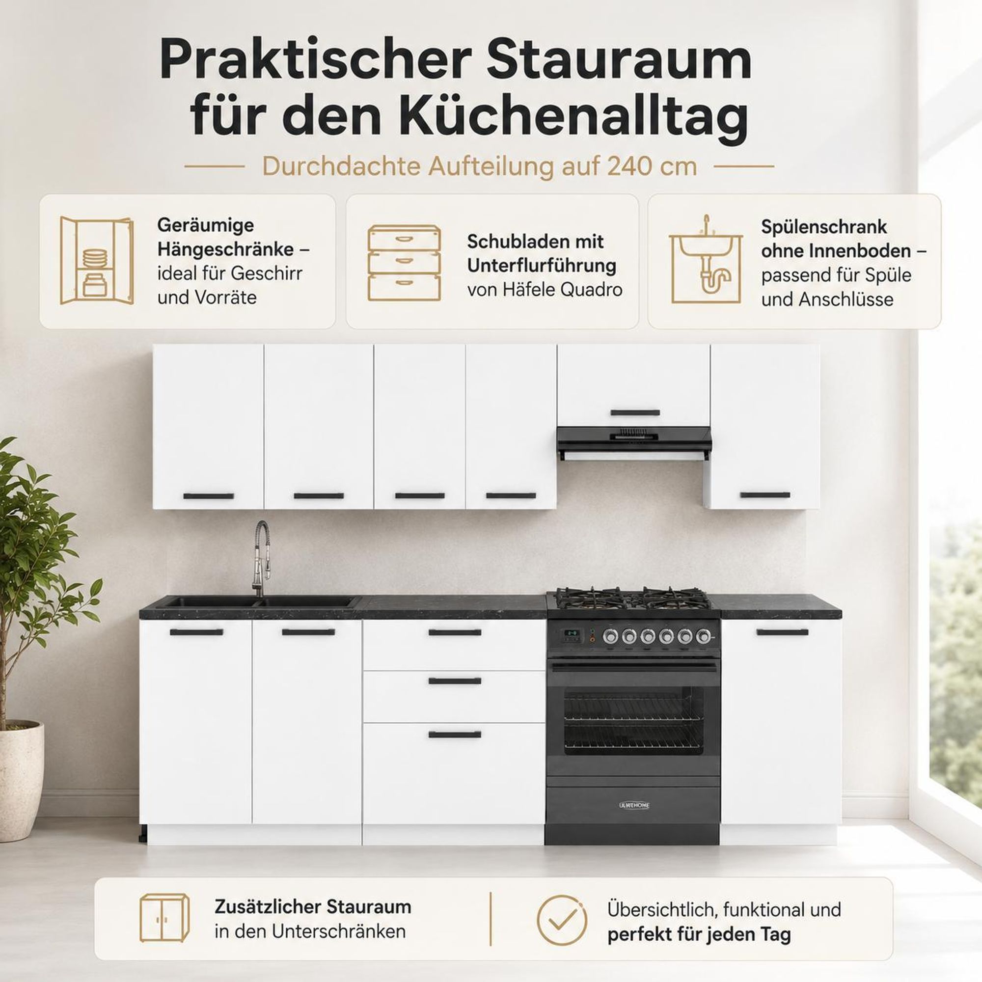 Stauraum der 240 cm Küche mit Hängeschränken, drei Schubladen und Spülenschrank.
