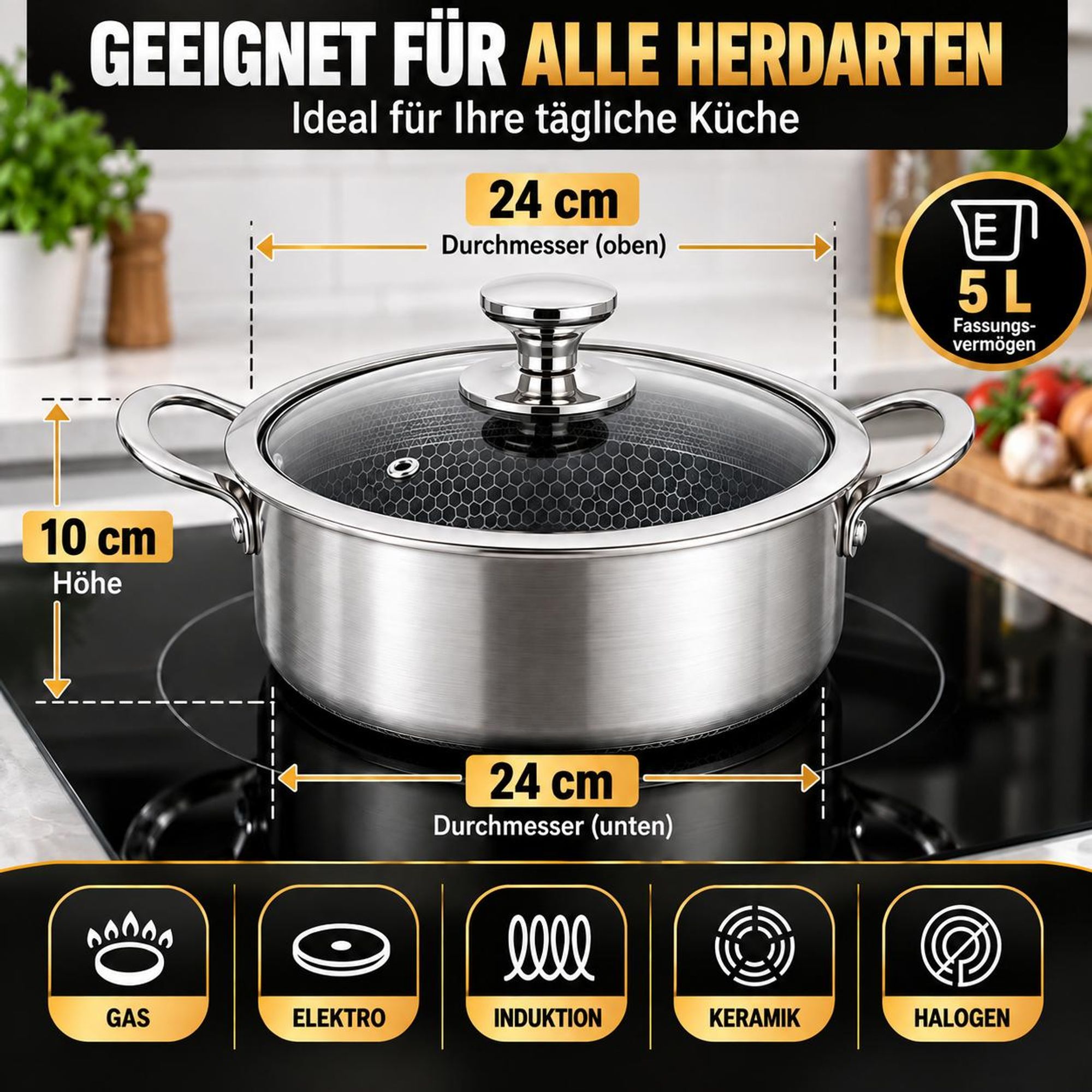 Kochtopf 24 cm aus Edelstahl – Tri-Ply – Honigwabenstruktur – Induktion