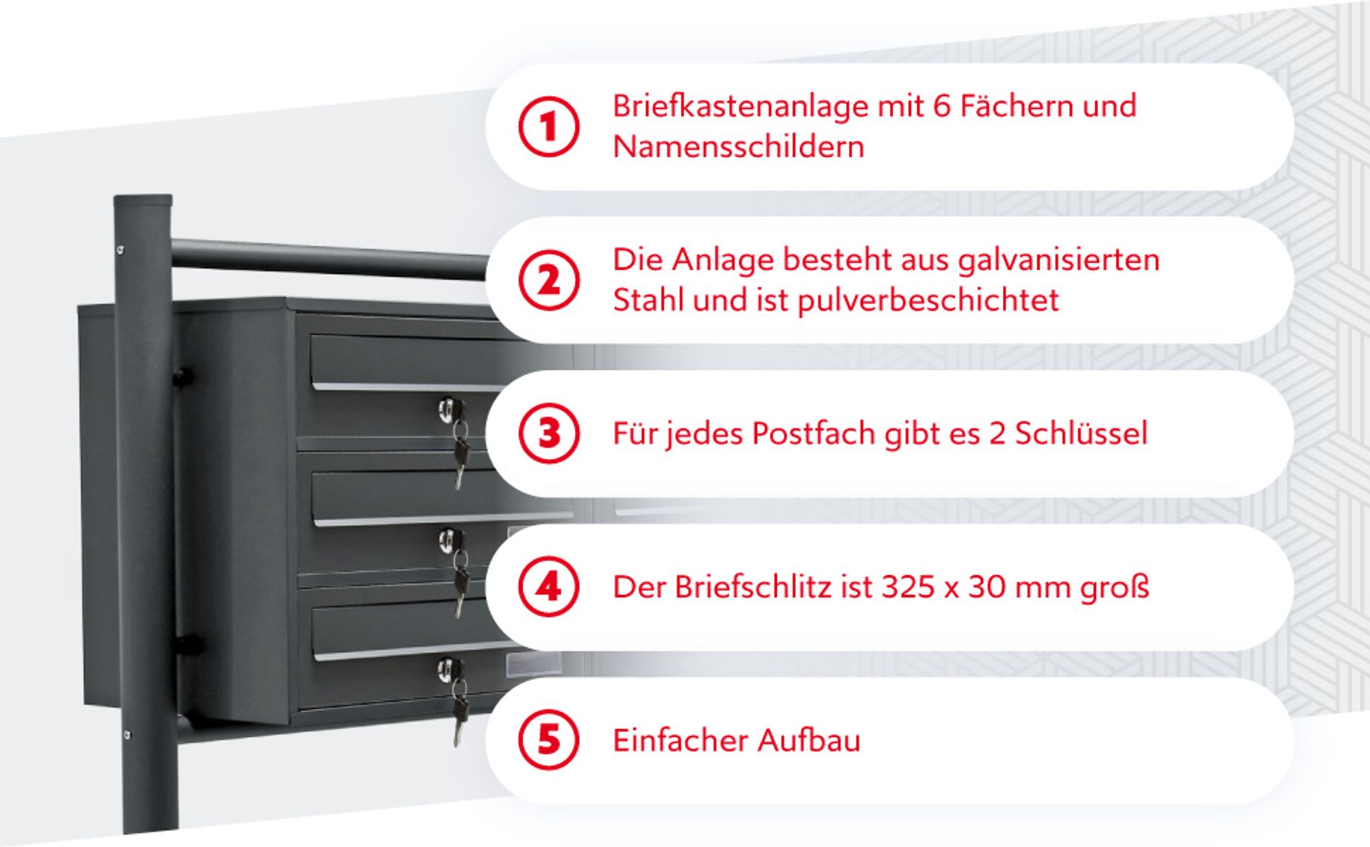 Wiltec 6er Briefkastenanlage Anthrazit 945 x 270 x 1200 mm, Standbriefkasten mit 2x3 Fächern, Schlüssel und Namensschild, Briefkasten Postkasten mit Ständer