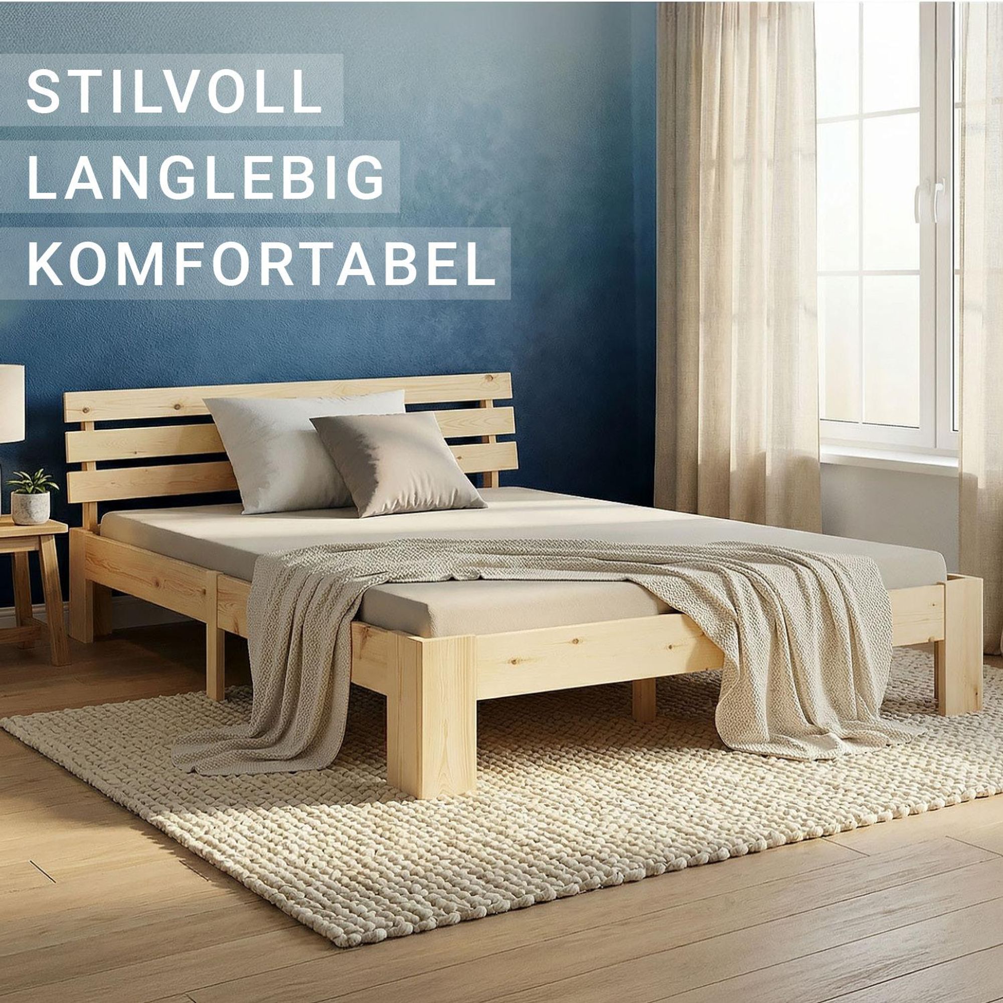 Das naturfarbene Holzbett verfügt über ein Kopfteil und eine Mittelstütze.