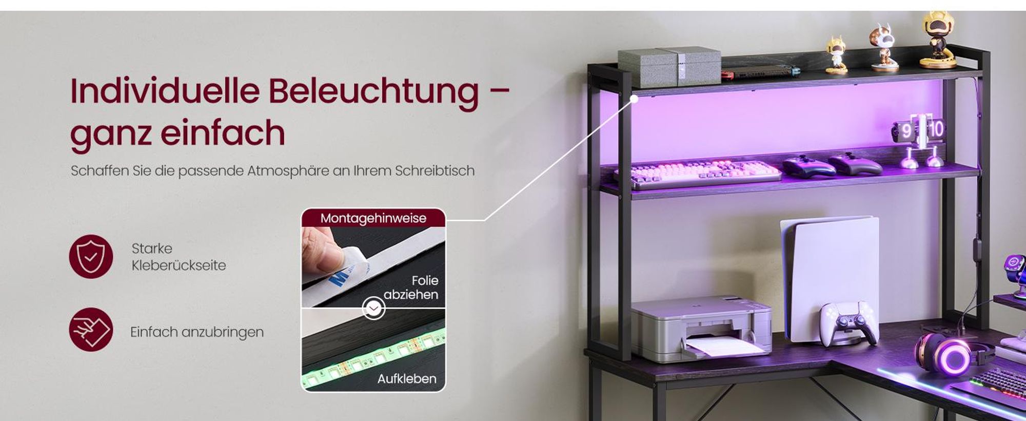 VASAGLE L-Form Schreibtisch mit LED-Beleuchtung, Steckdosen und 3 Schubladen, 140 x 100 x 150 cm, Schwarz