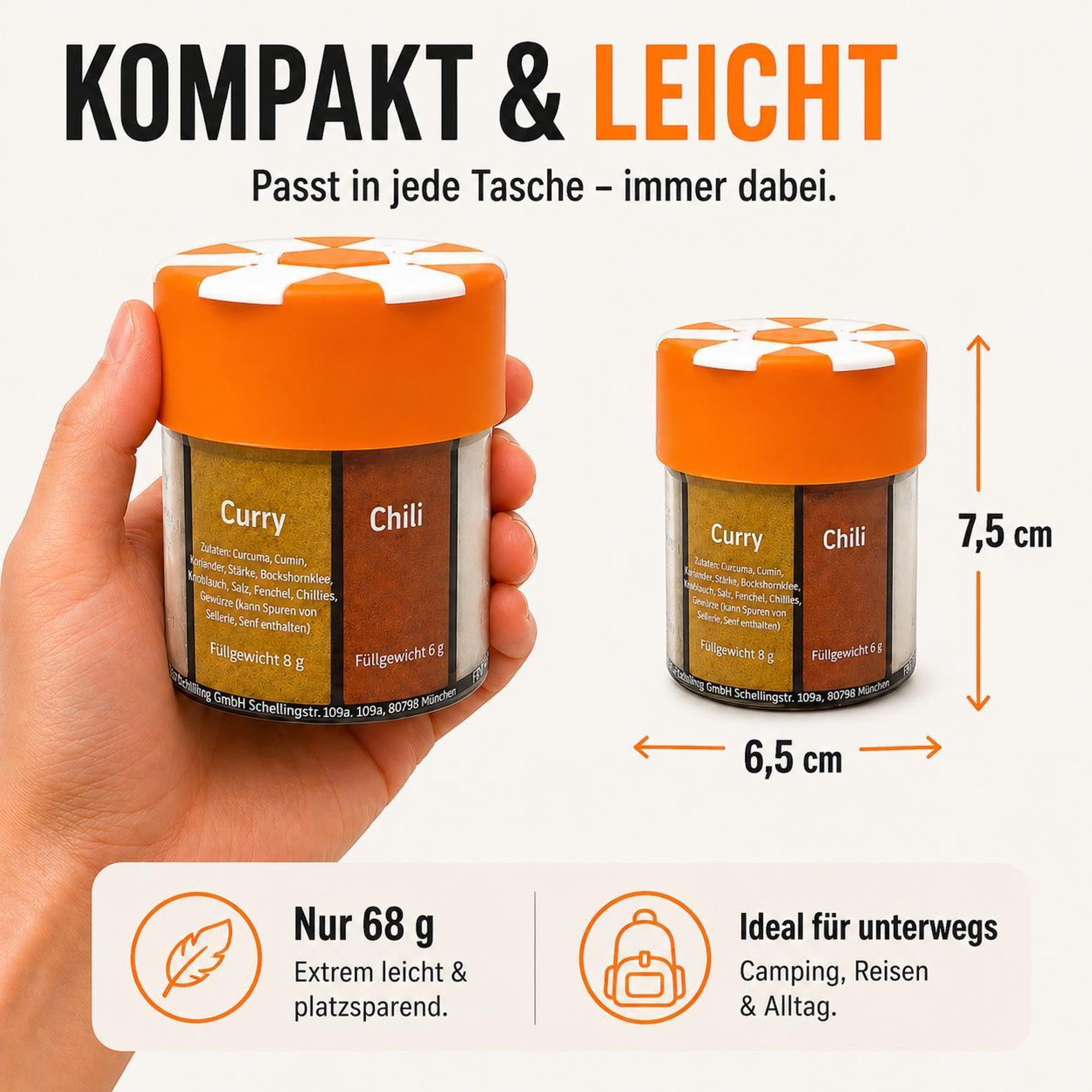 ration1 Gewürzstreuer XXL 6 in 1 – Camping Gewürzdose mit Salz, Pfeffer, Chili, Paprika, Knoblauch & Curry, nachfüllbar
