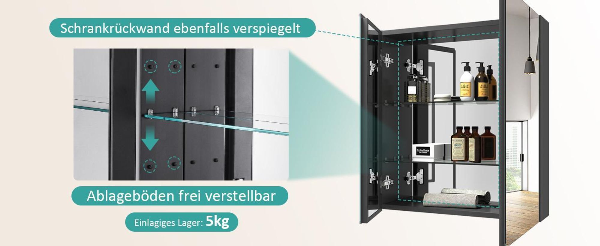 EMKE Spiegelschrank Bad 600x650mm, Aluminium Badezimmerschrank mit 2 Türen, Verstellbar Regal Badschrank Schwarz, Rostfrei & Soft-Close Scharniere