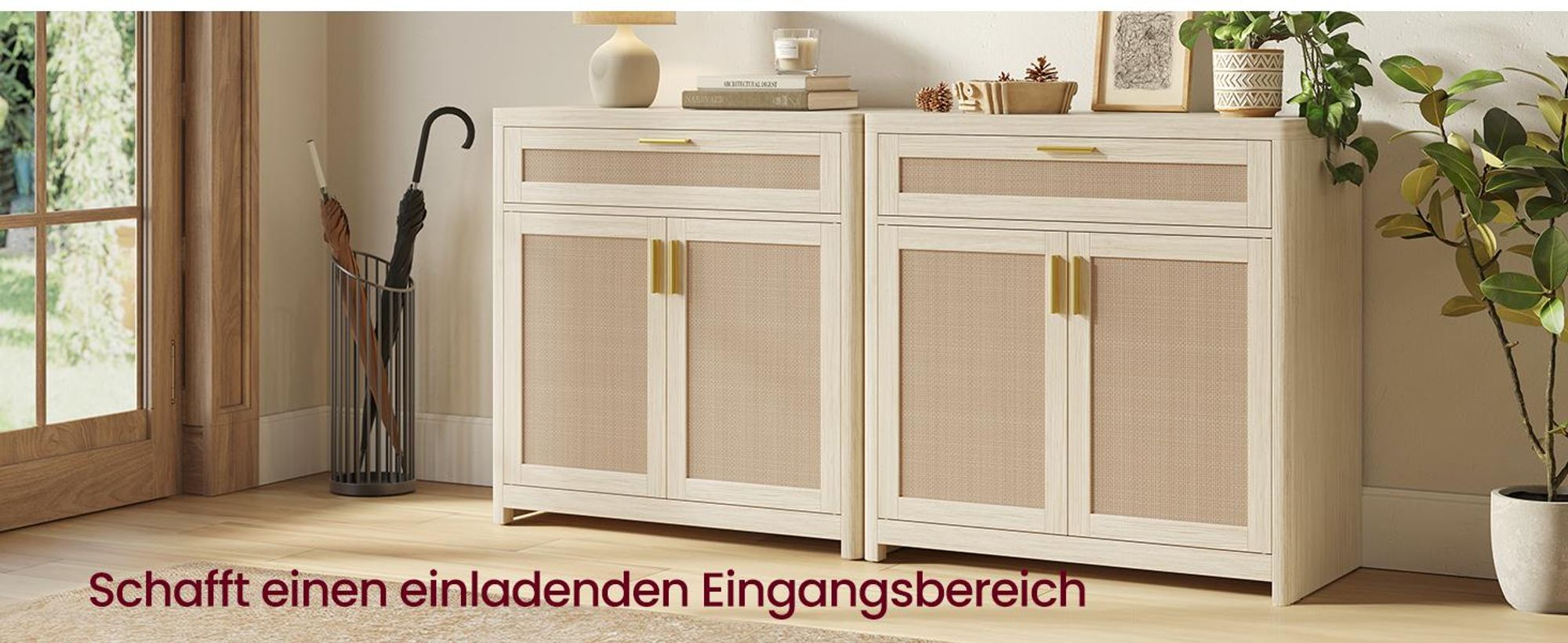 VASAGLE Küchenschrank im Boho-Stil, Türen Rattan-Optik, Sideboard, verstellbare Ablage, Schublade, Wohnzimmer, beige