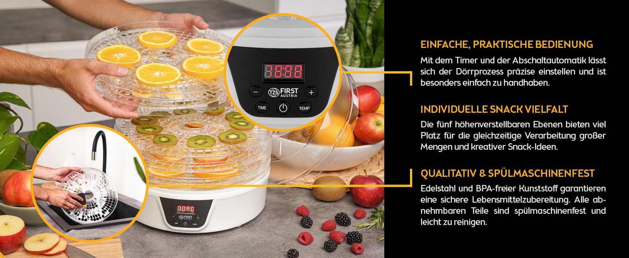 TZS First Austria Dörrgerät, Dörrautomat, mit 24h-Timer und Temperaturregler 35-70°C, 5 Etagen, BPA Frei, Obst-trockner Dörrapparat mit Zeitschaltuhr, weiß