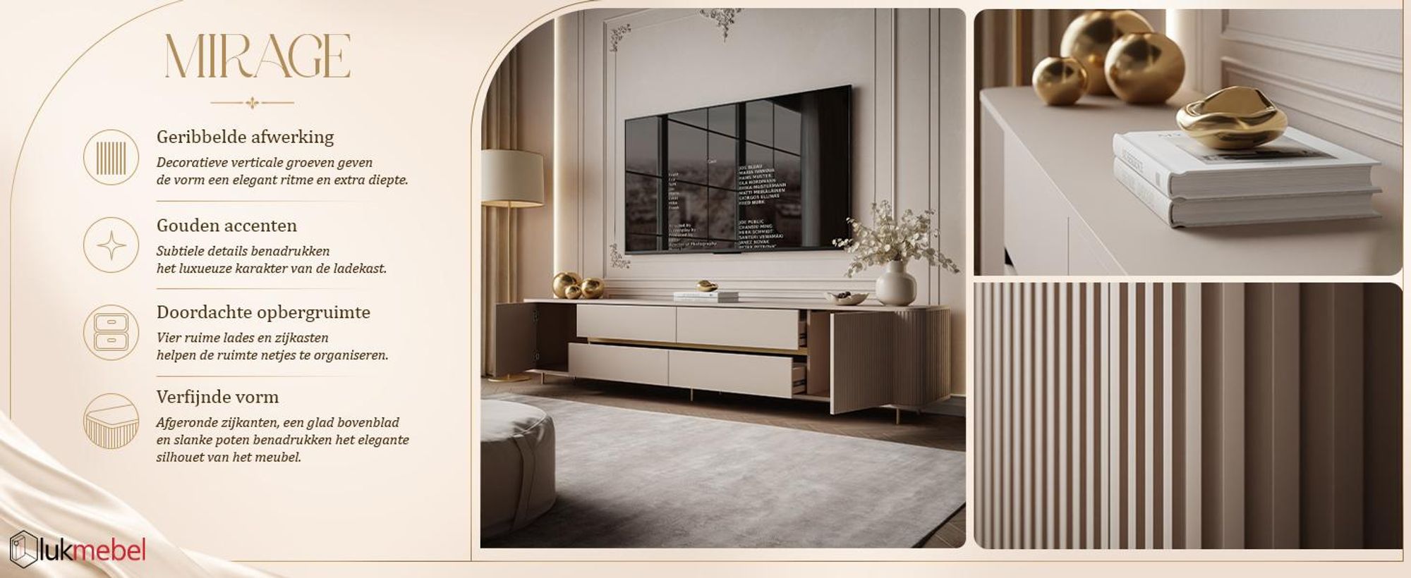TV-meubel MIRAGE GOLD, 240 cm, met geribbelde deuren