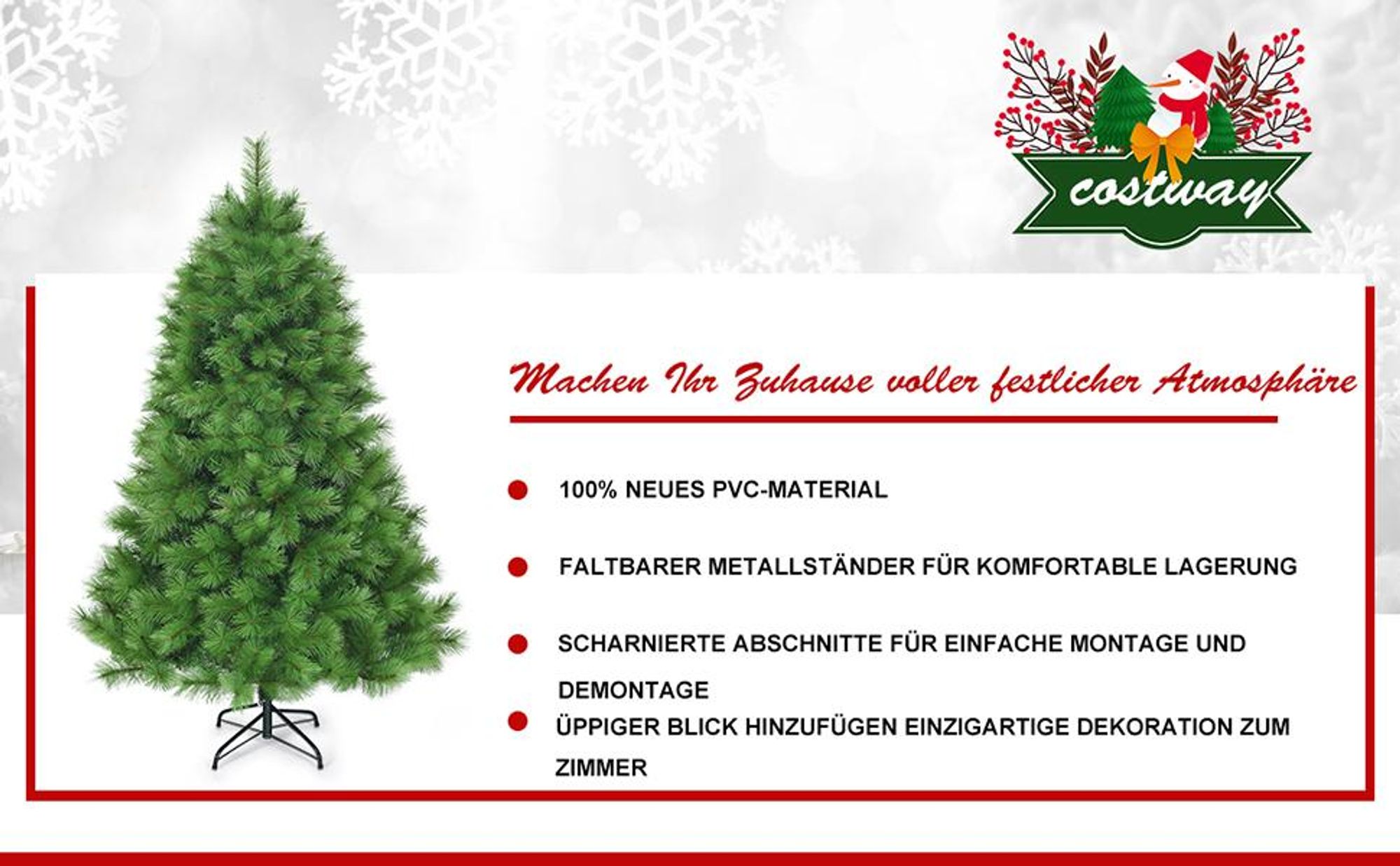 COSTWAY 180cm Künstlicher Weihnachtsbaum, Tannenbaum mit Metallständer, Kunstbaum Weihnachten Klappsystem, Christbaum PVC Nadeln, Grün