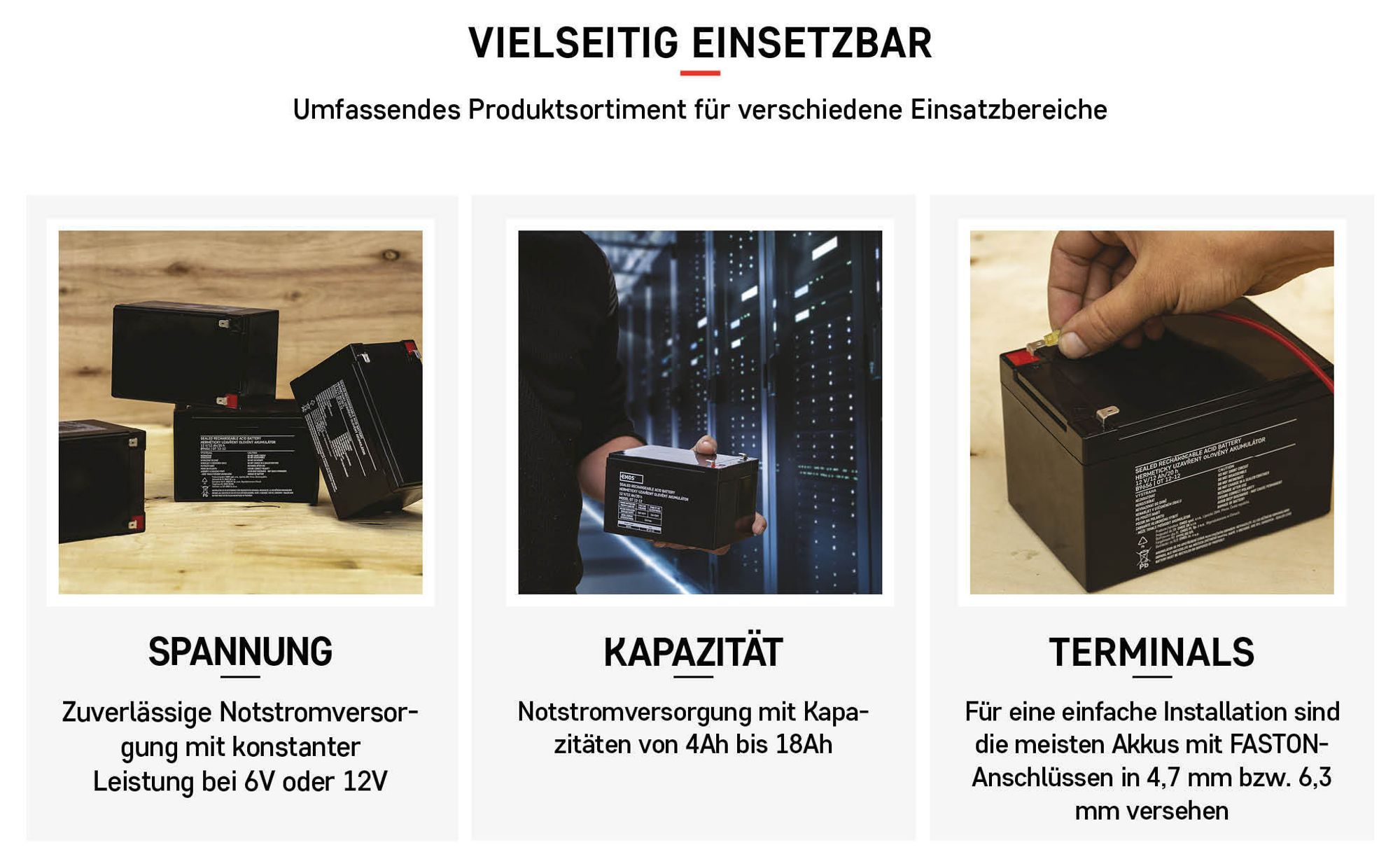 EMOS Wartungsfreier Bleiakku 12V, 7 Ah, Faston 4,7 mm, Bleiakkumulator für Gefahrmeldeanlagen, Alarmsysteme, USV, Aufzüge, B9691
