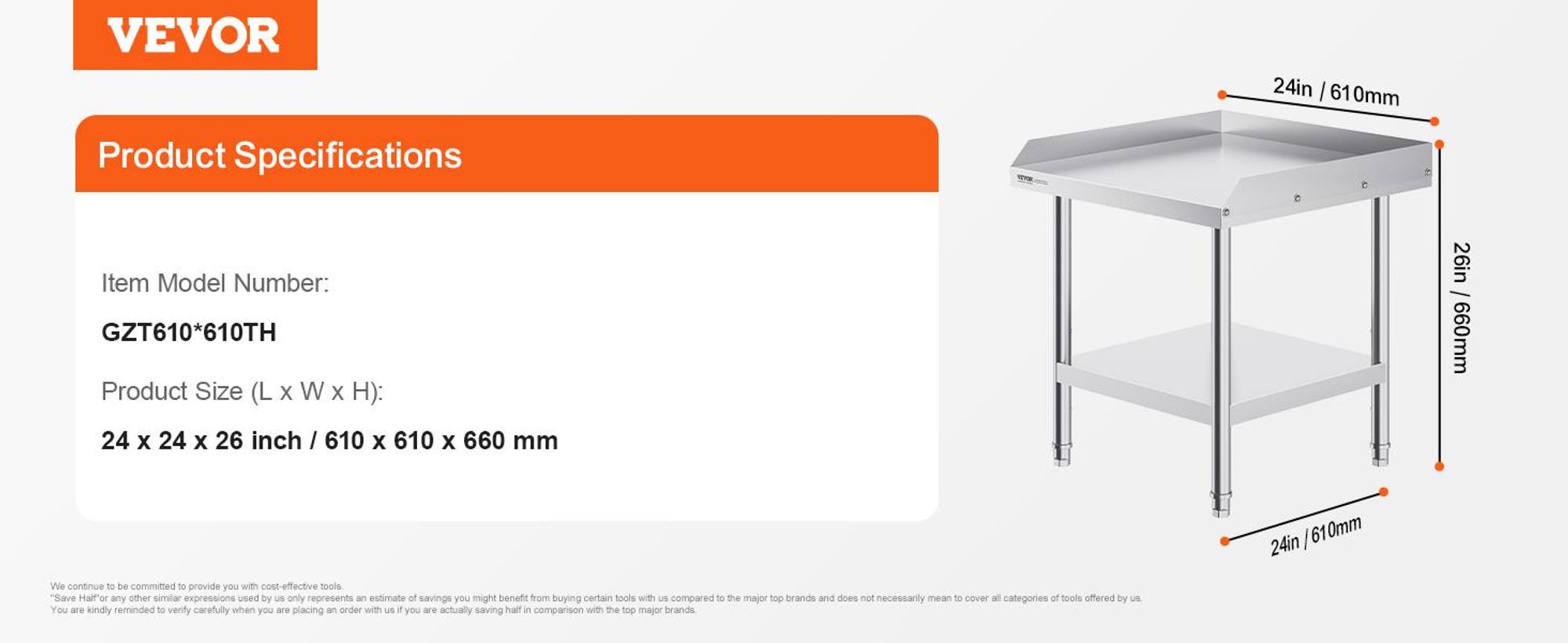 VEVOR Edelstahl Vorbereitungs Tisch, 24 x 24 x 34 Zoll, Schwerlast Metall Arbeitstisch mit 3 verstellbaren Höhenstufen, Gewerbliche Arbeitsstation für Küche Garage Restaurant Garten, 610x610x660 mm