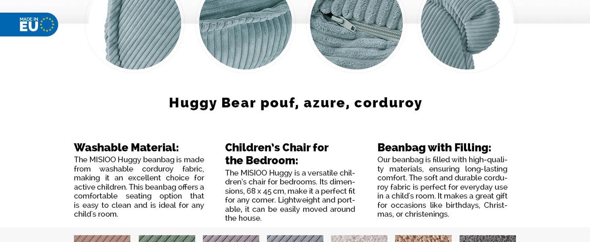 MISIOO Beanbag Puf pre deti - Medvedík Huggy - Detské kreslo - Zamatový puf z manšestru - Ideálny do detskej izby - Ľahko umývateľný - Modrý