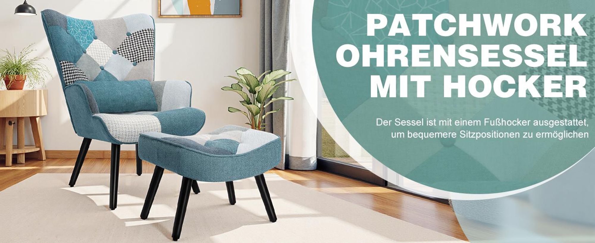 Patchwork Ohrensessel mit Hocker Massivholzbeine Lendenstützkissen, Leinenstoff und ergonomisches Design, für Wohnzimmer und Schlafzimmer, Blau