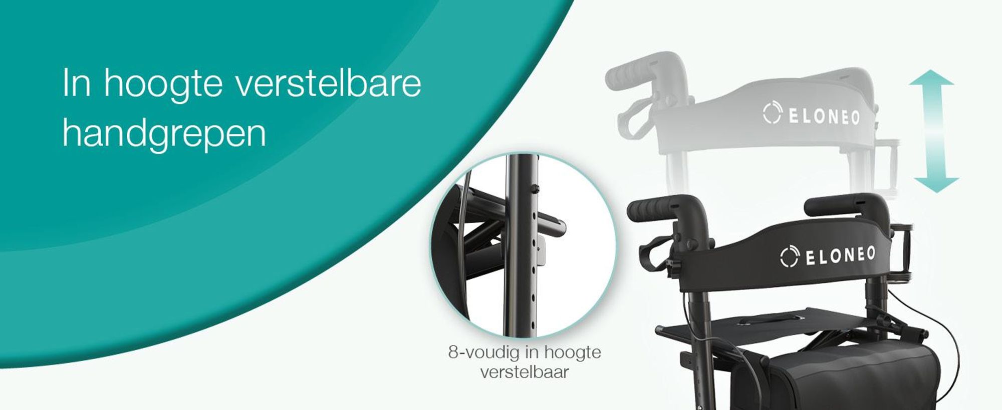 ELONEO inklapbare rollator met zitplaats, outdoor rollator met luchtbanden, inclusief zitvlak, rugsteun en verstelbare loopsteun van aluminium